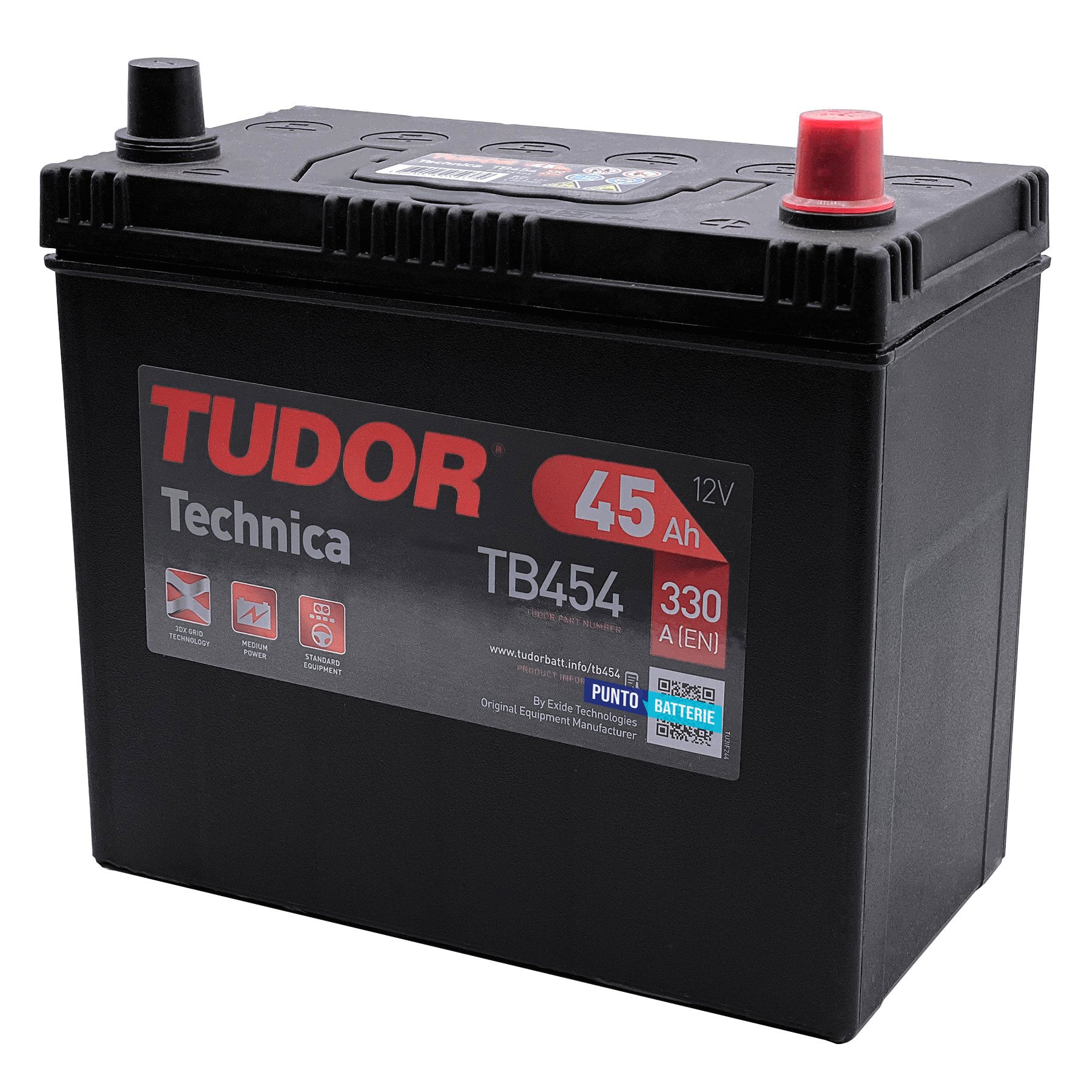 Batteria originale Tudor Technica TB454, dimensioni 237 x 127 x 227, polo positivo a destra, 12 volt, 45 amperora, 330 ampere. Batteria per auto e veicoli leggeri.