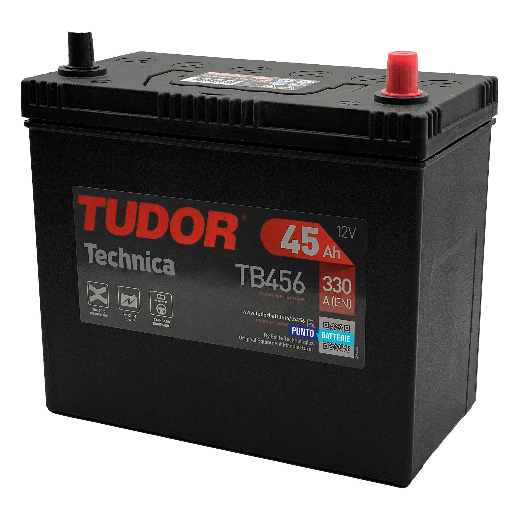 Batteria originale Tudor Technica TB456, dimensioni 237 x 127 x 227, polo positivo a destra, 12 volt, 45 amperora, 330 ampere. Batteria per auto e veicoli leggeri.