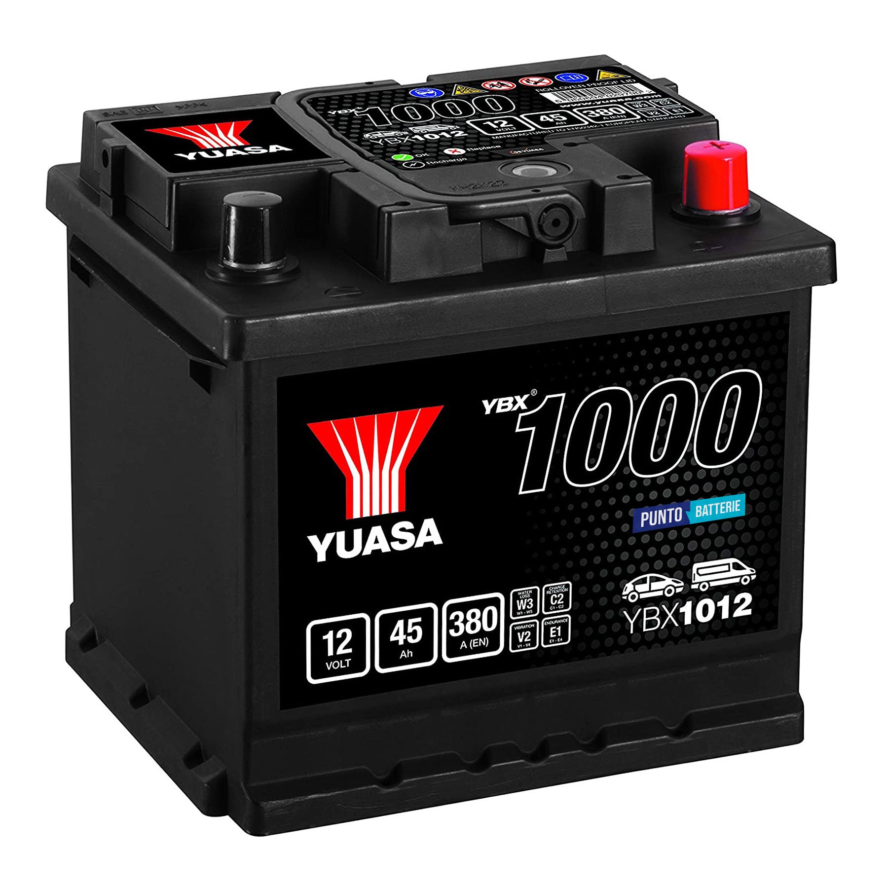 Batteria originale Yuasa YBX1000 YBX1012, dimensioni 207 x 175 x 190, polo positivo a destra, 12 volt, 45 amperora, 380 ampere. Batteria per auto e veicoli leggeri.