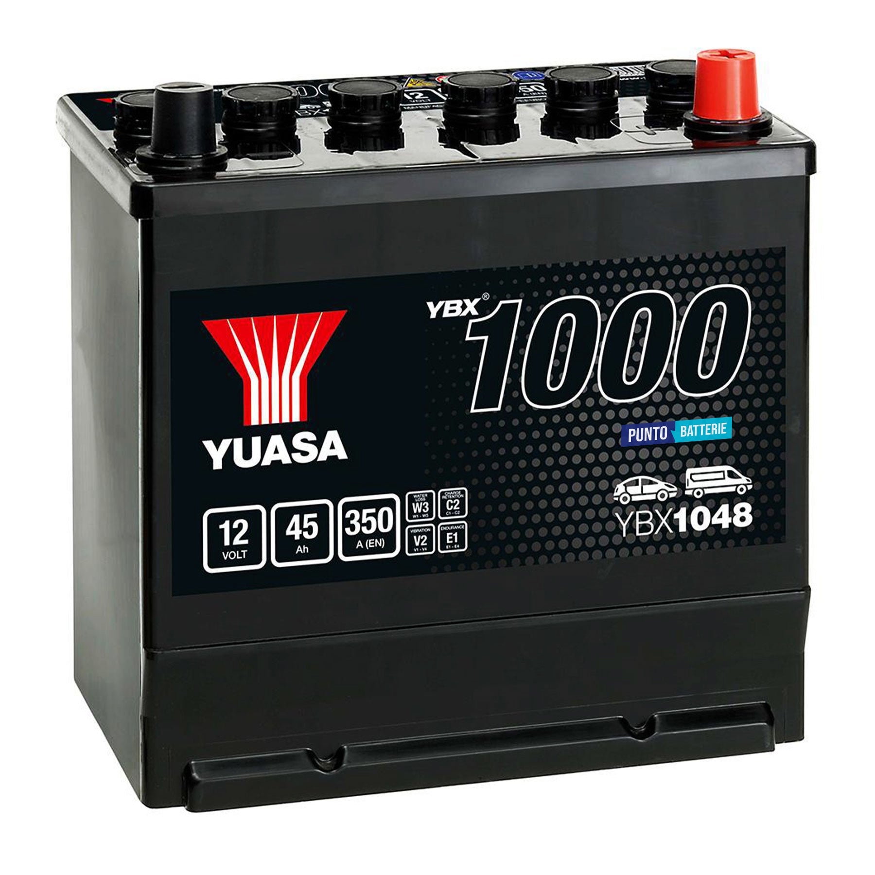 Batteria originale Yuasa YBX1000 YBX1048, dimensioni 220 x 135 x 225, polo positivo a destra, 12 volt, 45 amperora, 350 ampere. Batteria per auto e veicoli leggeri.