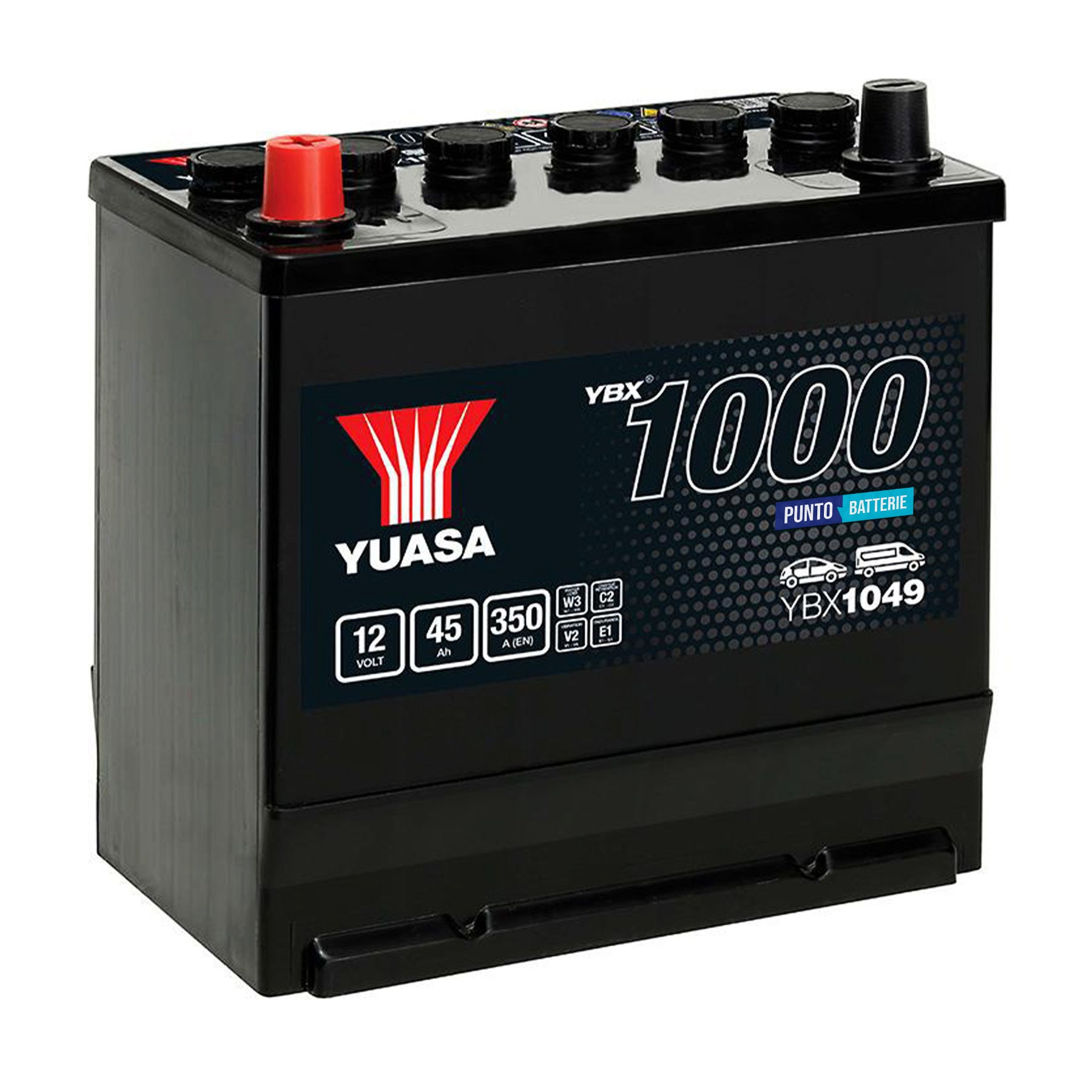 Batteria originale Yuasa YBX1000 YBX1049, dimensioni 220 x 135 x 225, polo positivo a sinistra, 12 volt, 45 amperora, 350 ampere. Batteria per auto e veicoli leggeri.