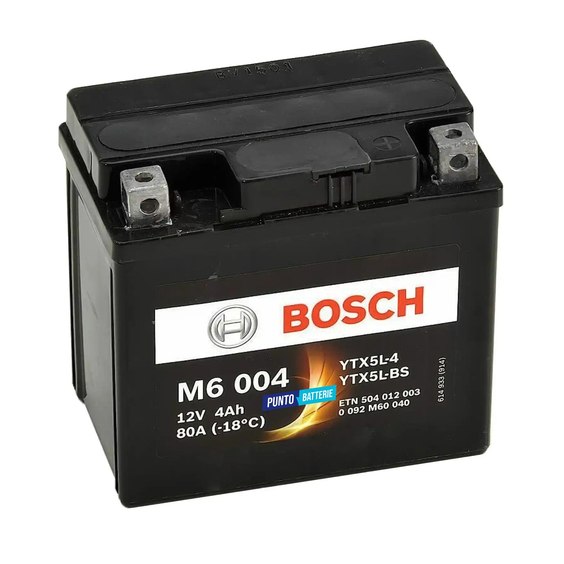 Batteria originale Bosch M6 M6004, dimensioni 165 x 130 x 176, polo positivo a destra, 12 volt, 4 amperora, 30 ampere. Batteria per moto, scooter e powersport.