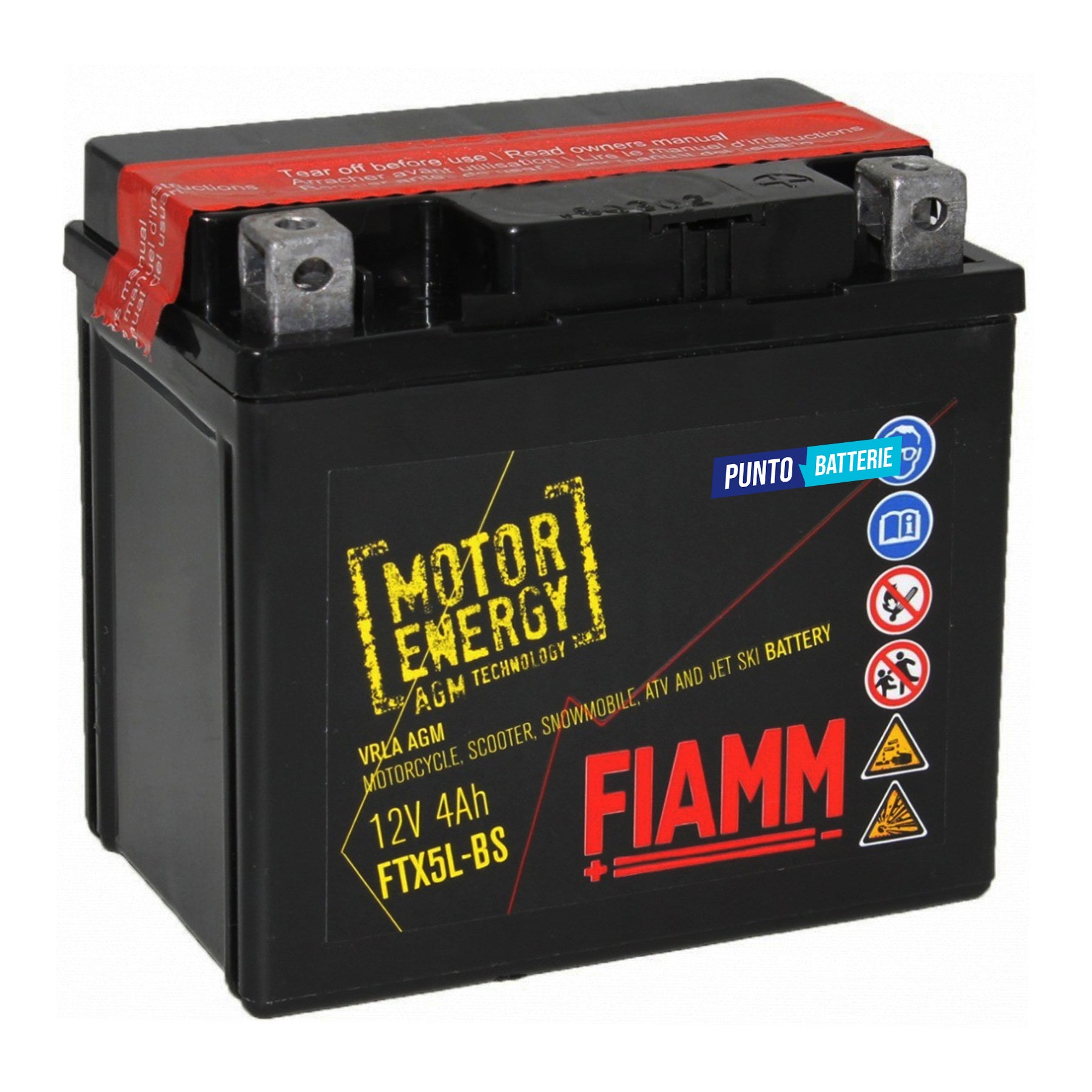Batteria originale Fiamm Motor Energy AGM FTX5L-BS, dimensioni 113 x 70 x 105, polo positivo a destra, 12 volt, 4 amperora, 80 ampere. Batteria per moto, scooter e powersport.