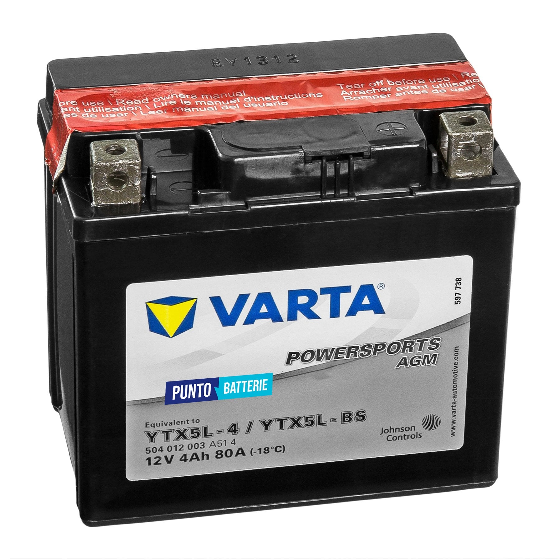 Batteria originale Varta Powersport AGM YTX5L-4, dimensioni 166 x 127 x 175, polo positivo a destra, 12 volt, 4 amperora, 80 ampere. Batteria per moto, scooter e powersport.