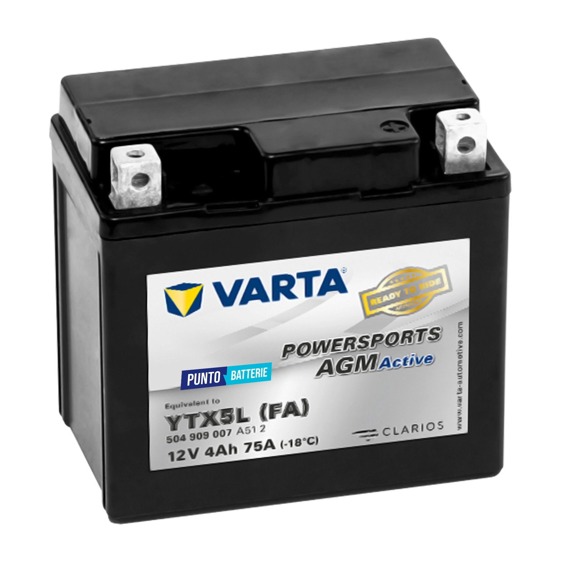 Batteria originale Varta Powersport AGM Active YTX5L-FA, dimensioni 166 x 127 x 175, polo positivo a destra, 12 volt, 4 amperora, 75 ampere. Batteria per moto, scooter e powersport.