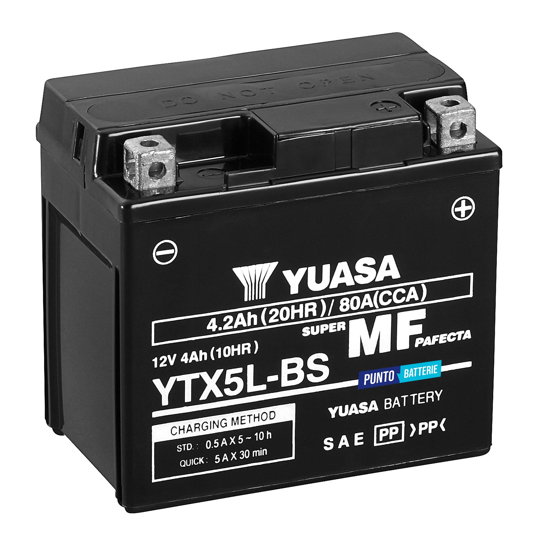 Batteria originale Yuasa YTX YTX5L-BS, dimensioni 115 x 72 x 107, polo positivo a destra, 12 volt, 4 amperora, 80 ampere. Batteria per moto, scooter e powersport.