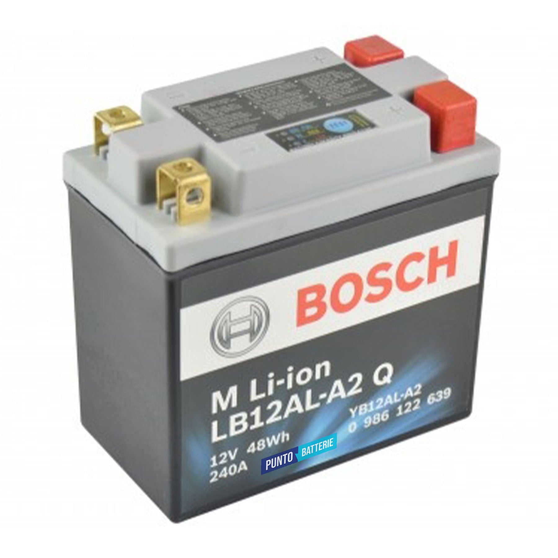 Batteria originale Bosch M Li-ion LB12AL-A2, dimensioni 134 x 75 x 161, polo positivo a destra e sinistra, 12 volt, 4 amperora, 240 ampere. Batteria per moto, scooter e powersport.