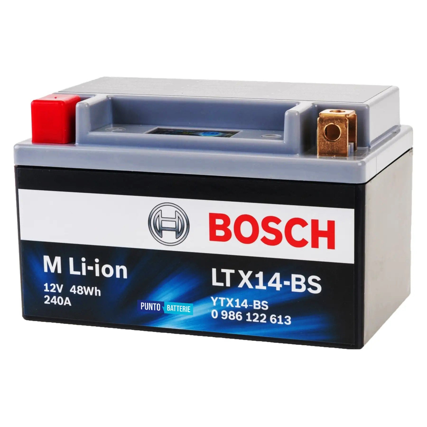 Batteria originale Bosch M Li-ion LTX14-BS, dimensioni 150 x 65 x 130, polo positivo a sinistra, 12 volt, 4 amperora, 240 ampere. Batteria per moto, scooter e powersport.