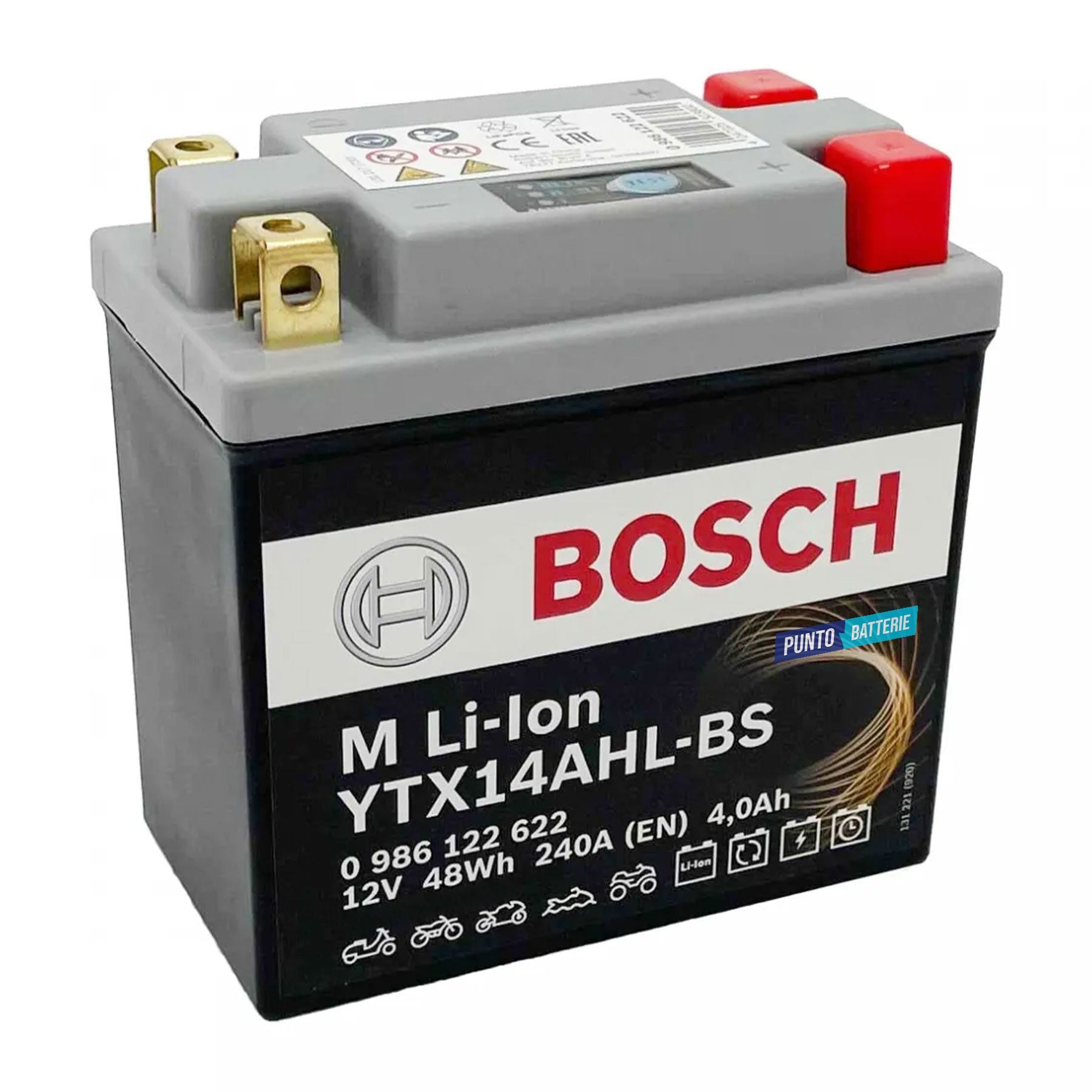 Batteria originale Bosch M Li-ion LTX14AHL-BS, dimensioni 134 x 75 x 168, polo positivo a destra e sinistra, 12 volt, 4 amperora, 240 ampere. Batteria per moto, scooter e powersport.