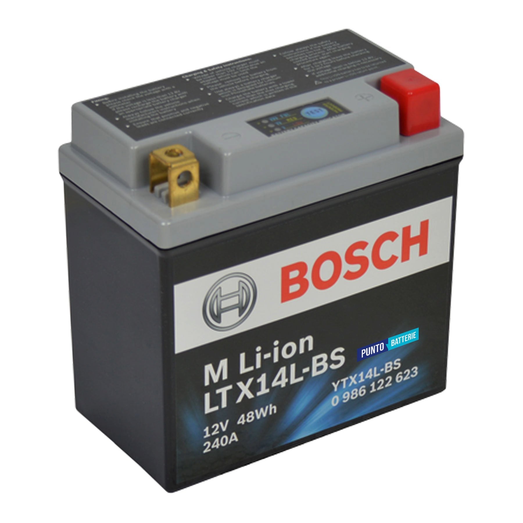 Batteria originale Bosch M Li-ion LTX14L-BS, dimensioni 150 x 87 x 143, polo positivo a destra, 12 volt, 4 amperora, 240 ampere. Batteria per moto, scooter e powersport.