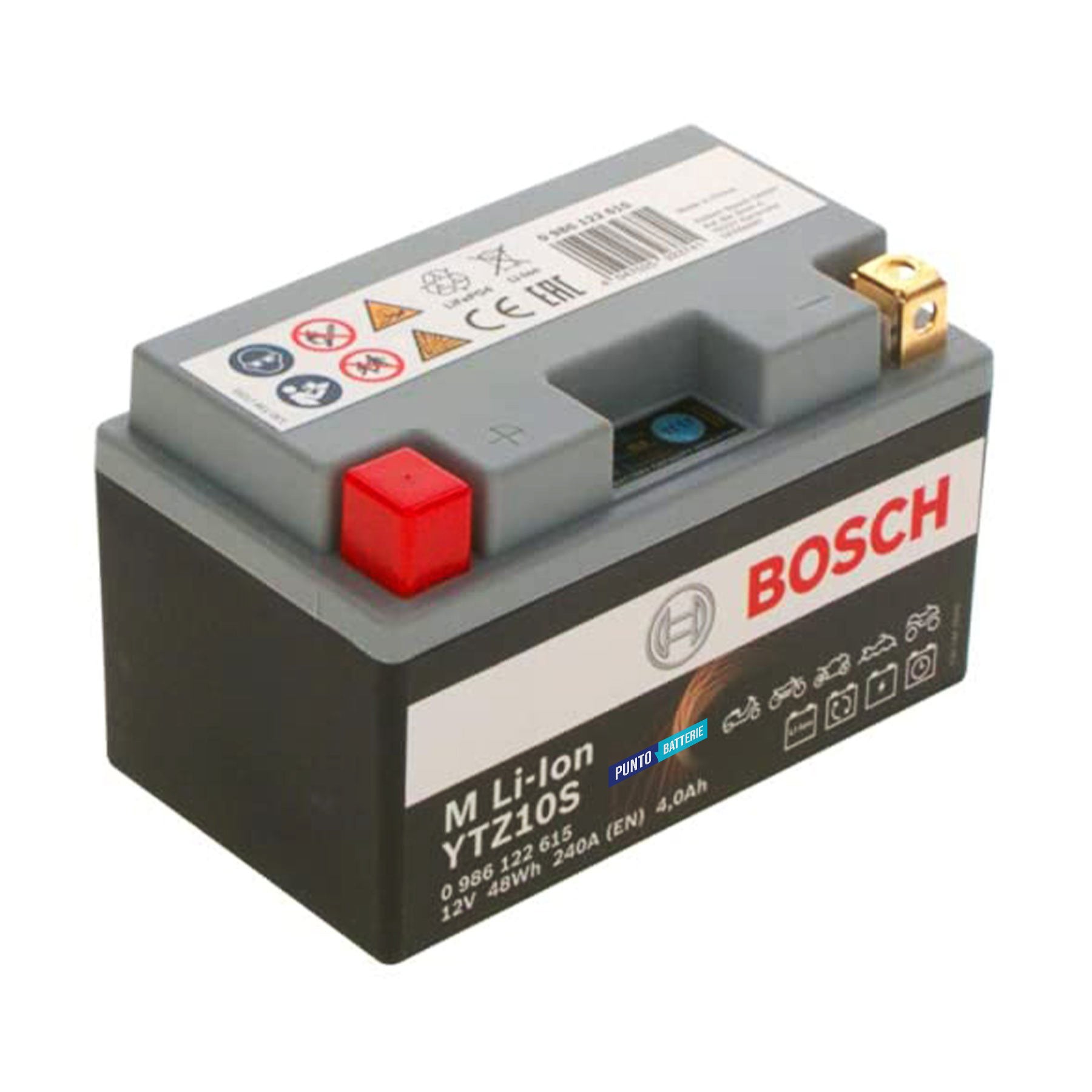Batteria originale Bosch M Li-ion LTZ10S, dimensioni 150 x 87 x 164, polo positivo a sinistra, 12 volt, 4 amperora, 240 ampere. Batteria per moto, scooter e powersport.