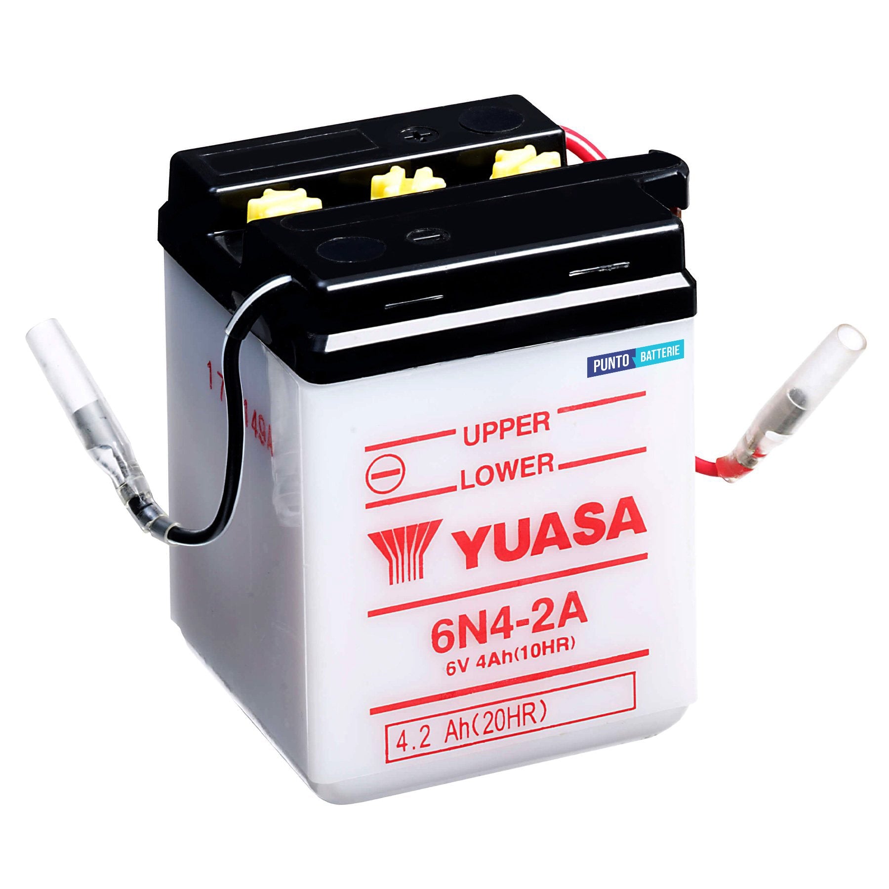 Batteria originale Yuasa Conventional 6N4-2A, dimensioni 71 x 71 x 96, polo positivo a sinistra, 6 volt, 4 amperora. Batteria per moto, scooter e powersport.