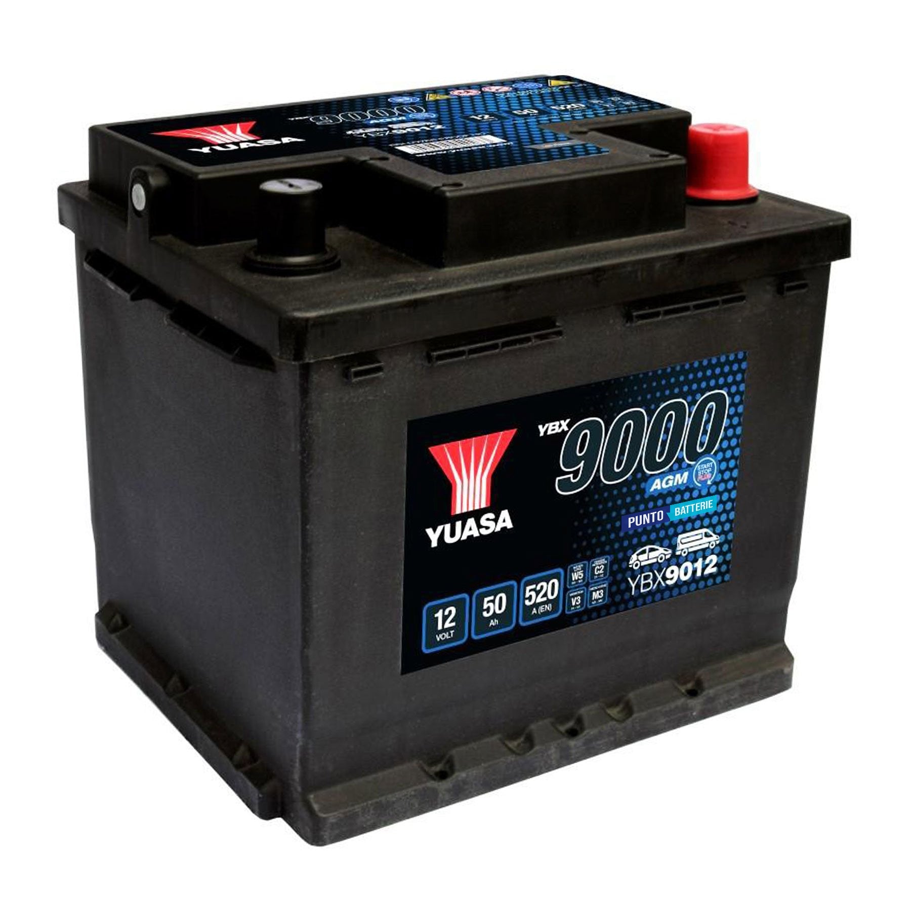 Batteria originale Yuasa YBX9000 YBX9012, dimensioni 207 x 175 x 190, polo positivo a destra, 12 volt, 50 amperora, 520 ampere, AGM. Batteria per auto e veicoli leggeri con start e stop.