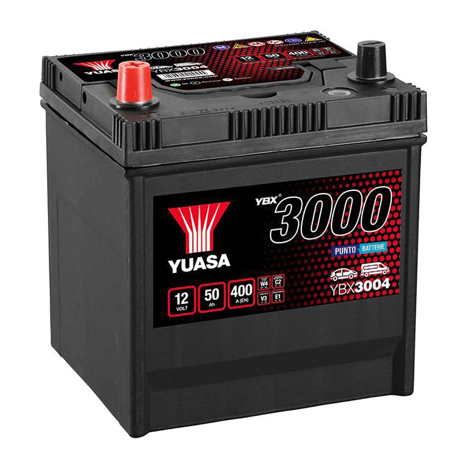 Batteria originale Yuasa YBX3000 YBX3004, dimensioni 202 x 173 x 225, polo positivo a sinistra, 12 volt, 50 amperora, 400 ampere. Batteria per auto e veicoli leggeri.