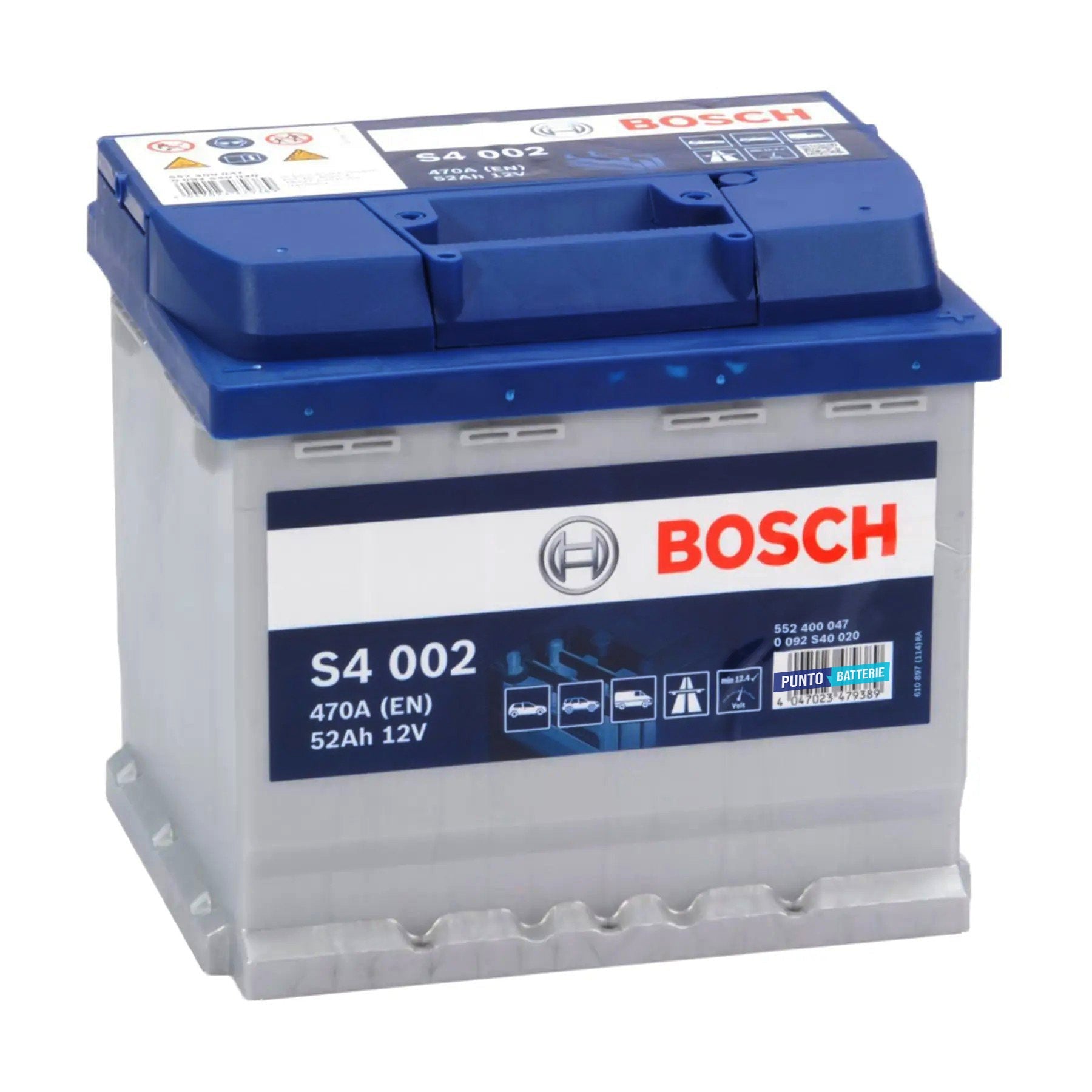 Batteria originale Bosch S4 S4 002, dimensioni 207 x 175 x 190, polo positivo a destra, 12 volt, 52 amperora, 470 ampere. Batteria per auto e veicoli leggeri.