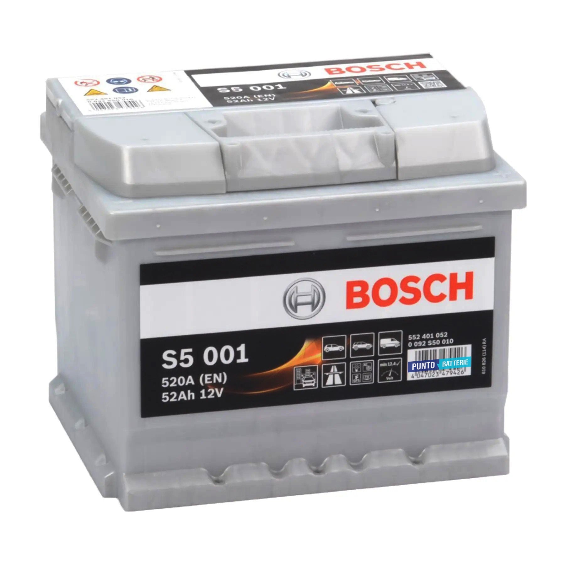 Batteria originale Bosch S5 S5 001, dimensioni 207 x 175 x 175, polo positivo a destra, 12 volt, 52 amperora, 520 ampere. Batteria per auto e veicoli leggeri.