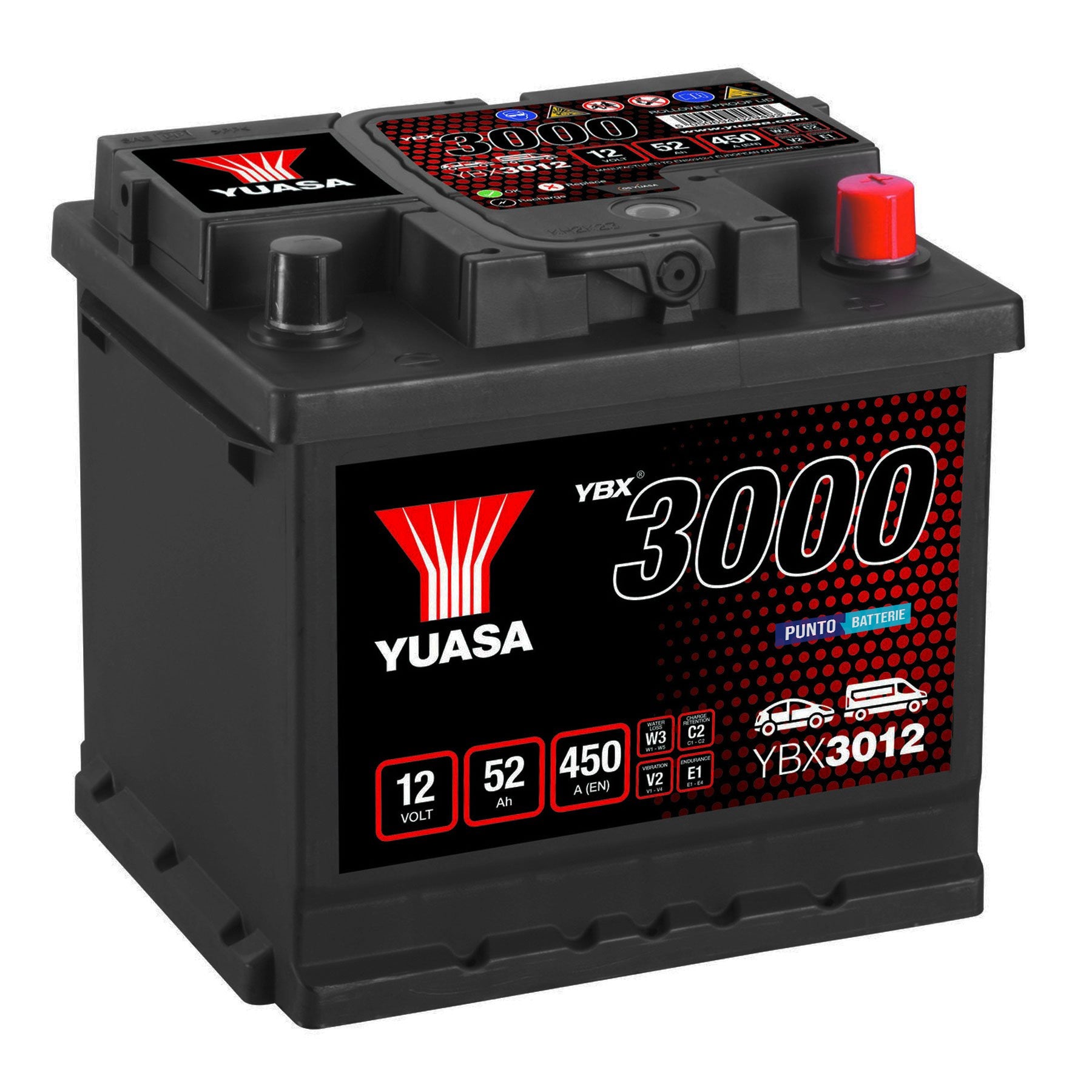 Batteria originale Yuasa YBX3000 YBX3012, dimensioni 207 x 175 x 190, polo positivo a destra, 12 volt, 52 amperora, 450 ampere. Batteria per auto e veicoli leggeri.
