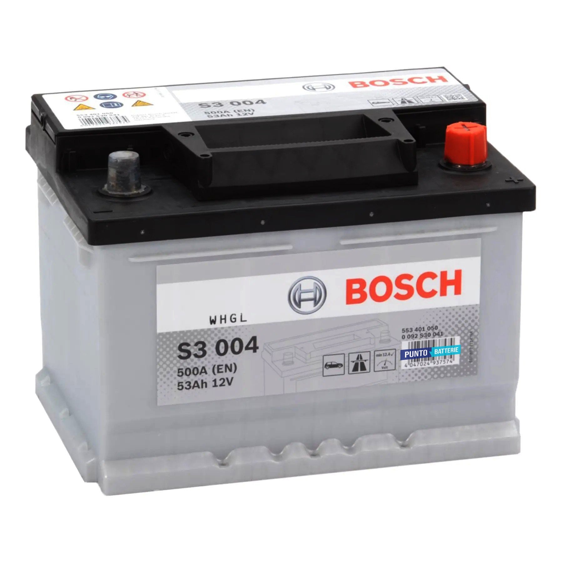 Batteria originale Bosch S3 S3 004, dimensioni 242 x 175 x 175, polo positivo a destra, 12 volt, 53 amperora, 500 ampere. Batteria per auto e veicoli leggeri.