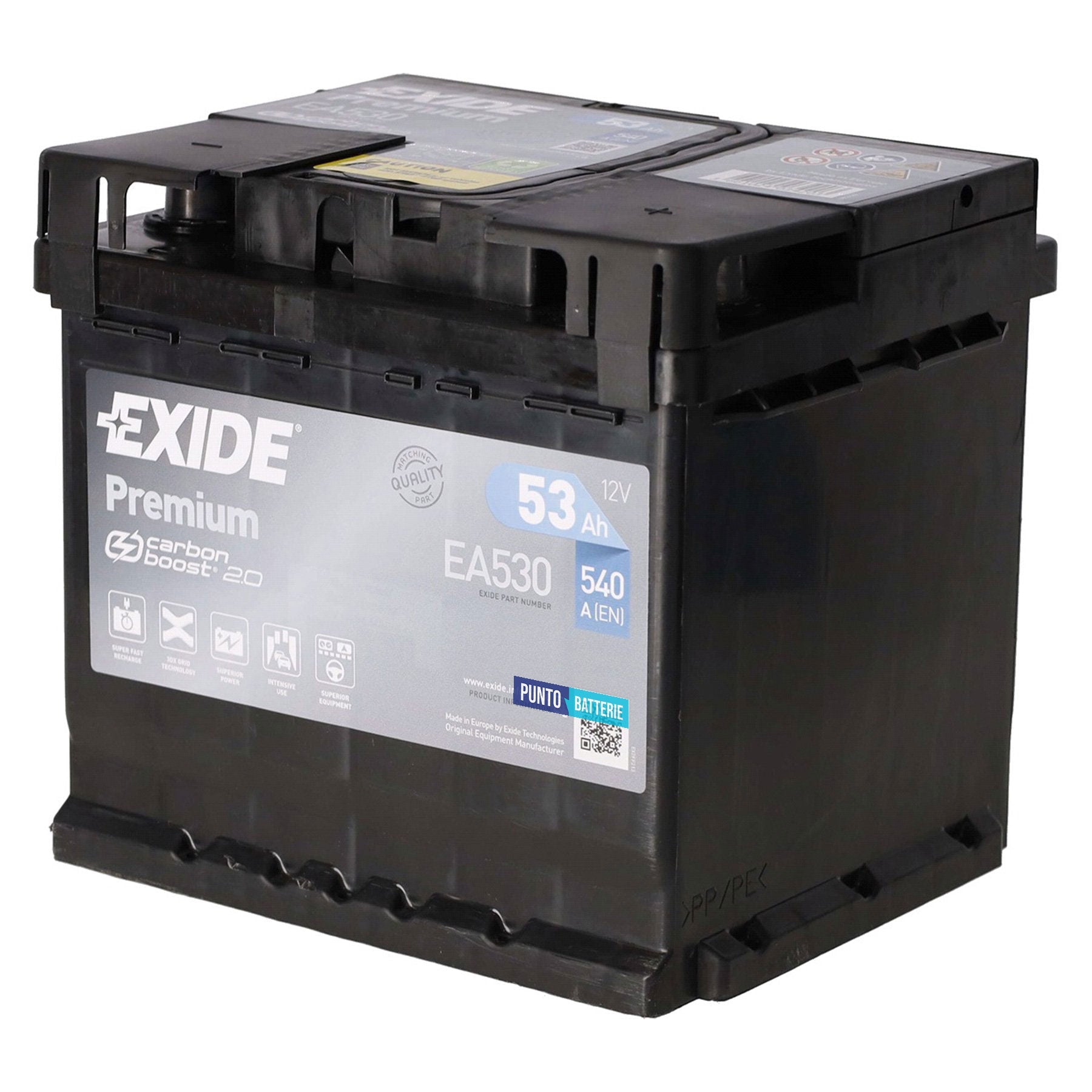 Batteria originale Exide Premium EA530, dimensioni 207 x 175 x 190, polo positivo a destra, 12 volt, 53 amperora, 540 ampere. Batteria per auto e veicoli leggeri.