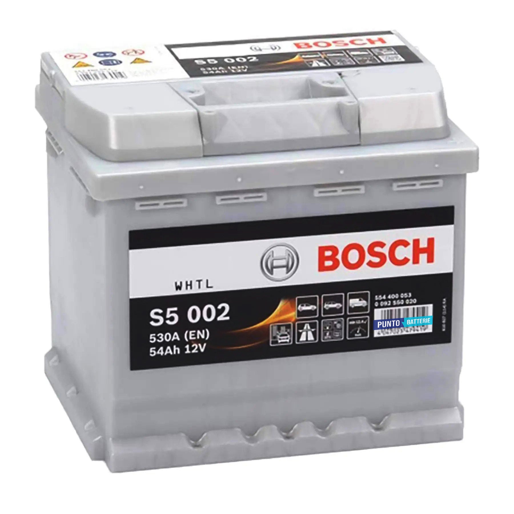 Batteria originale Bosch S5 S5 002, dimensioni 207 x 175 x 190, polo positivo a destra, 12 volt, 54 amperora, 530 ampere. Batteria per auto e veicoli leggeri.