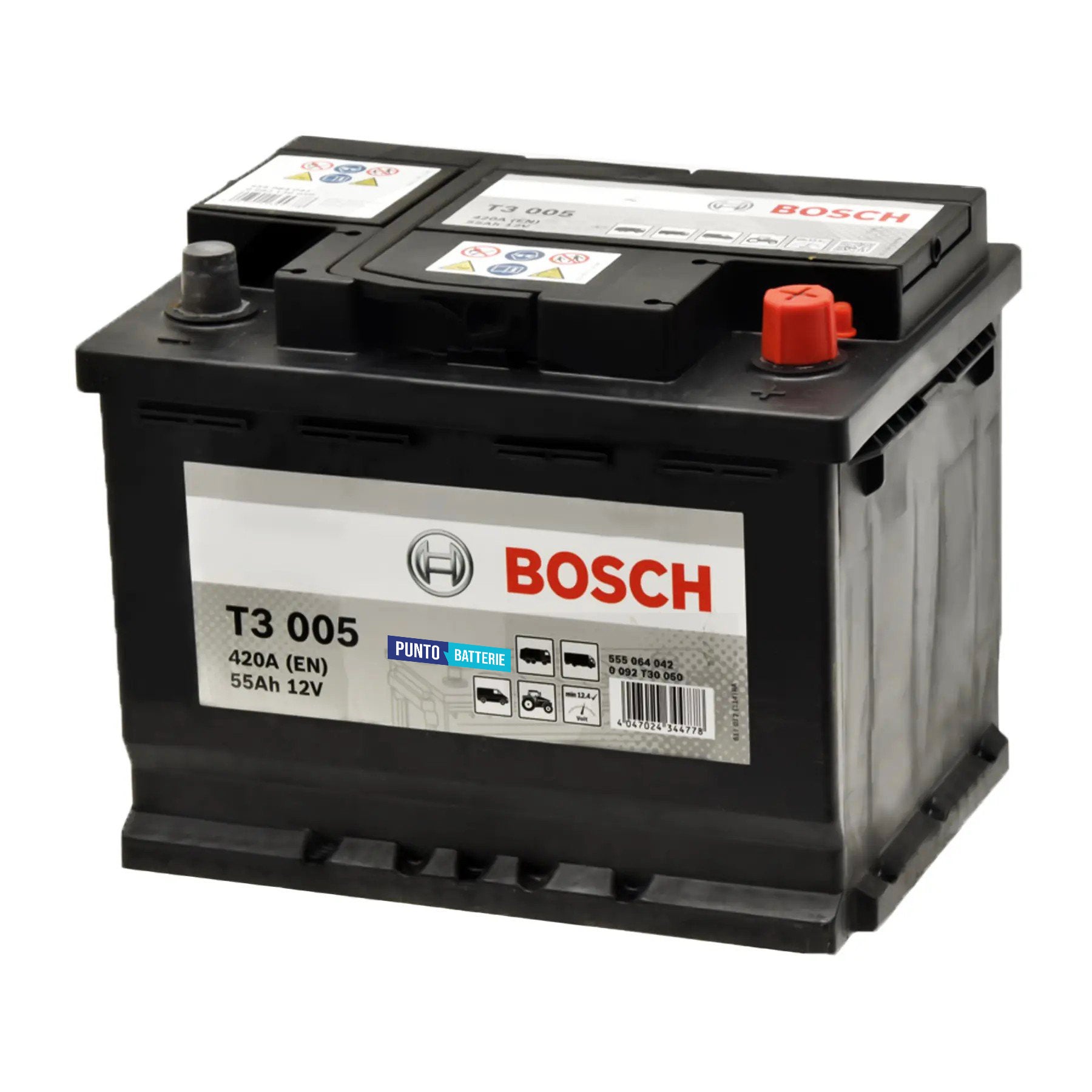 Batteria originale Bosch T3 T3005, dimensioni 242 x 175 x 190, polo positivo a destra, 12 volt, 55 amperora, 420 ampere. Batteria per camion e veicoli pesanti.
