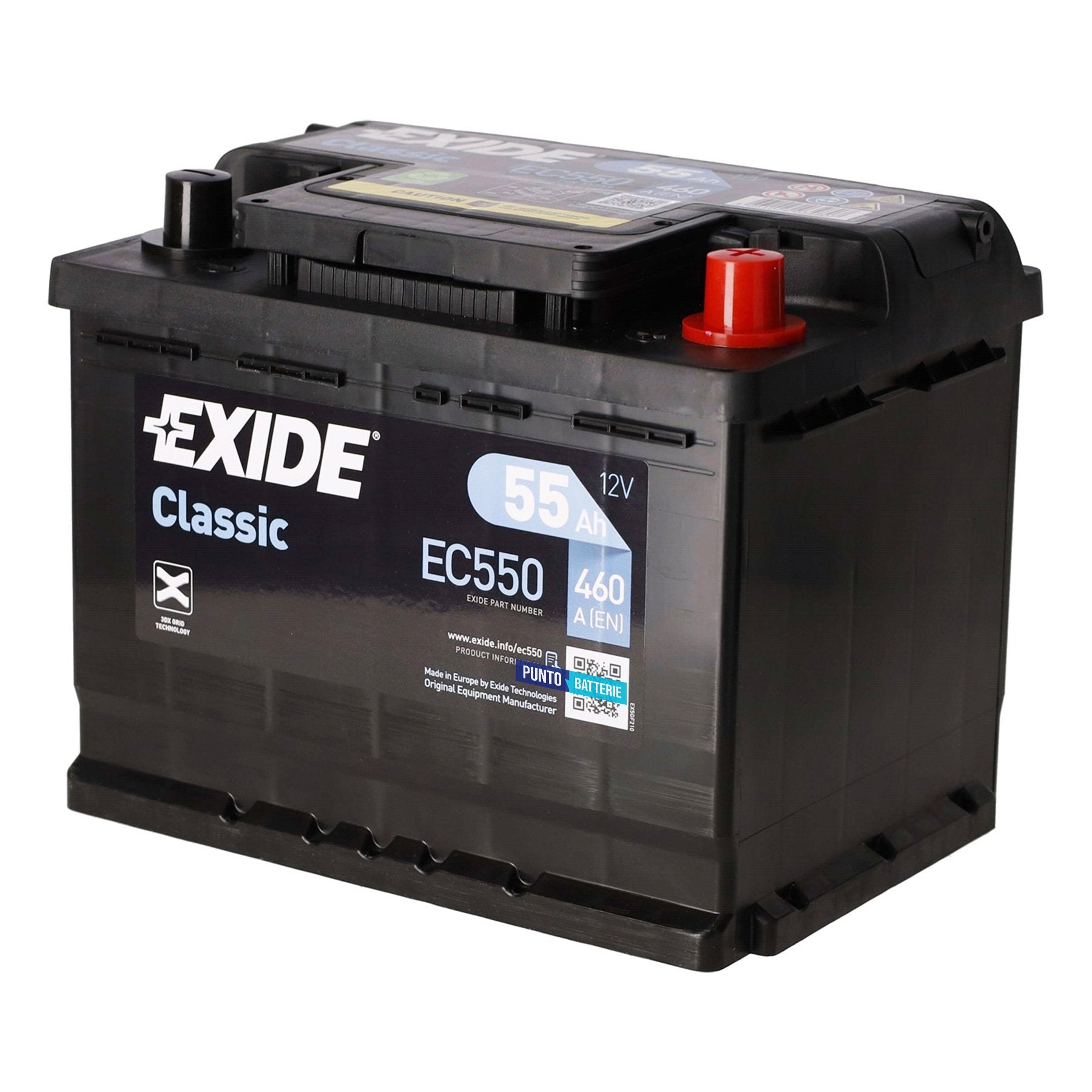 Batteria originale Exide Classic EC550, dimensioni 242 x 175 x 190, polo positivo a destra, 12 volt, 55 amperora, 460 ampere. Batteria per auto e veicoli leggeri.