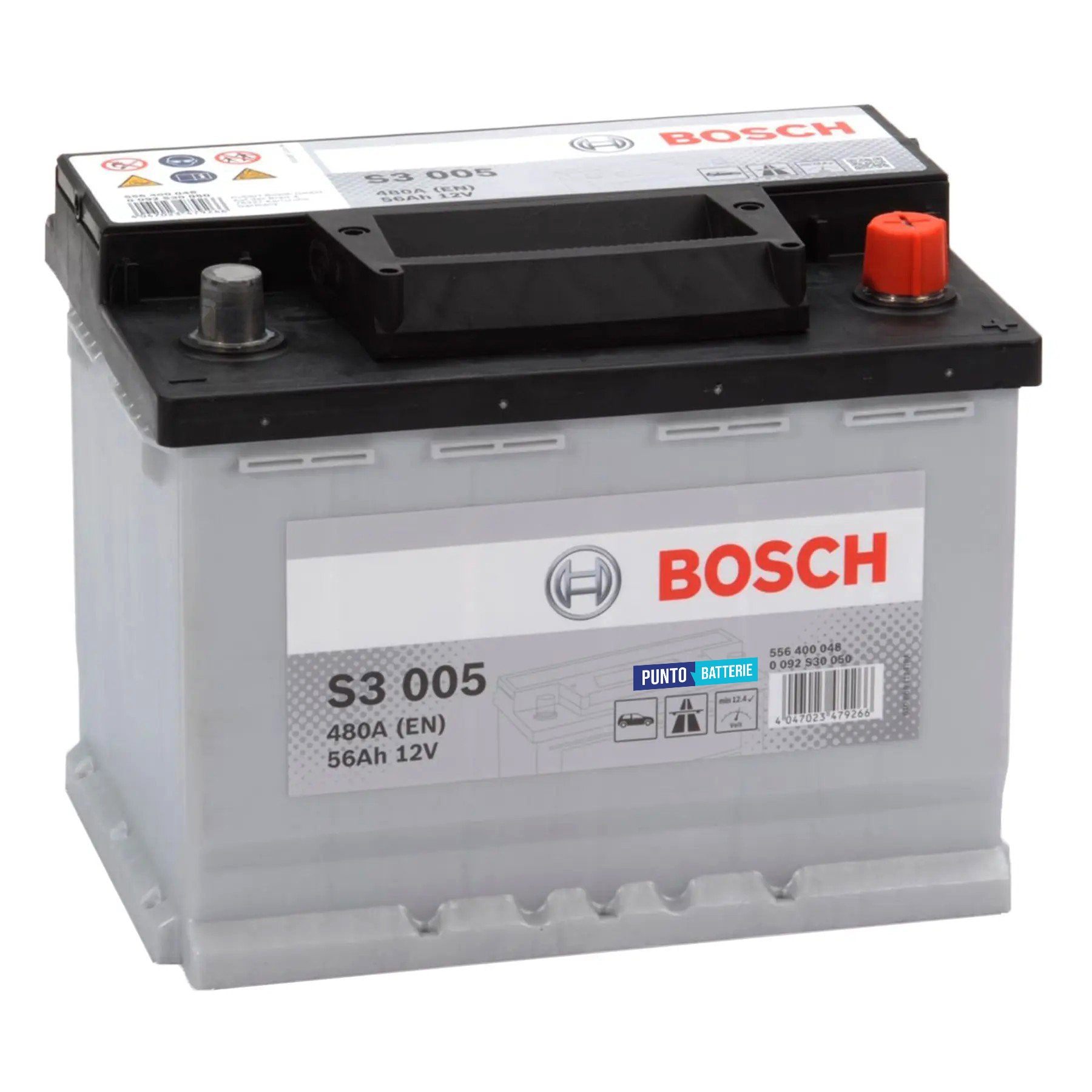 Batteria originale Bosch S3 S3 005, dimensioni 242 x 175 x 190, polo positivo a destra, 12 volt, 56 amperora, 480 ampere. Batteria per auto e veicoli leggeri.
