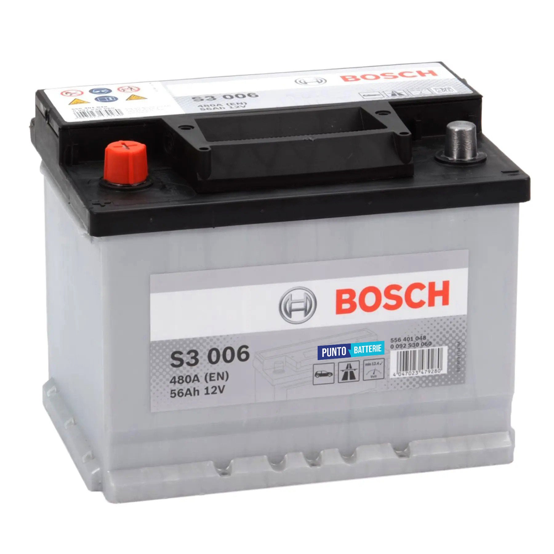 Batteria originale Bosch S3 S3 006, dimensioni 242 x 175 x 190, polo positivo a sinistra, 12 volt, 56 amperora, 480 ampere. Batteria per auto e veicoli leggeri.
