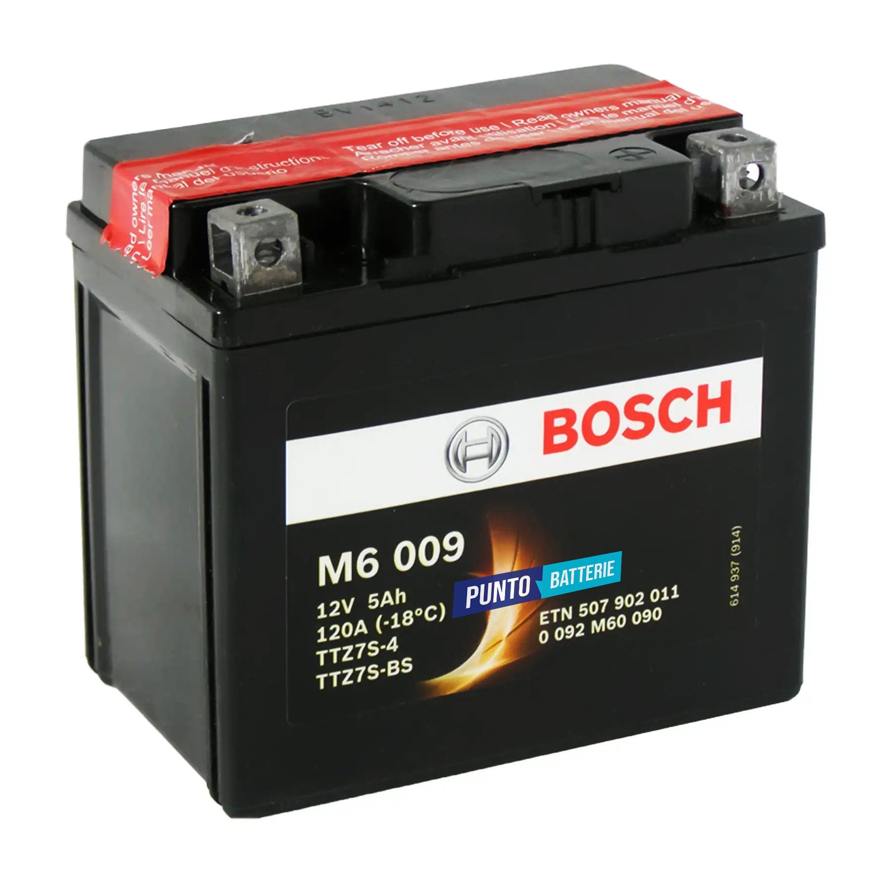 Batteria originale Bosch M6 M6009, dimensioni 165 x 130 x 176, polo positivo a destra, 12 volt, 5 amperora, 120 ampere. Batteria per moto, scooter e powersport.