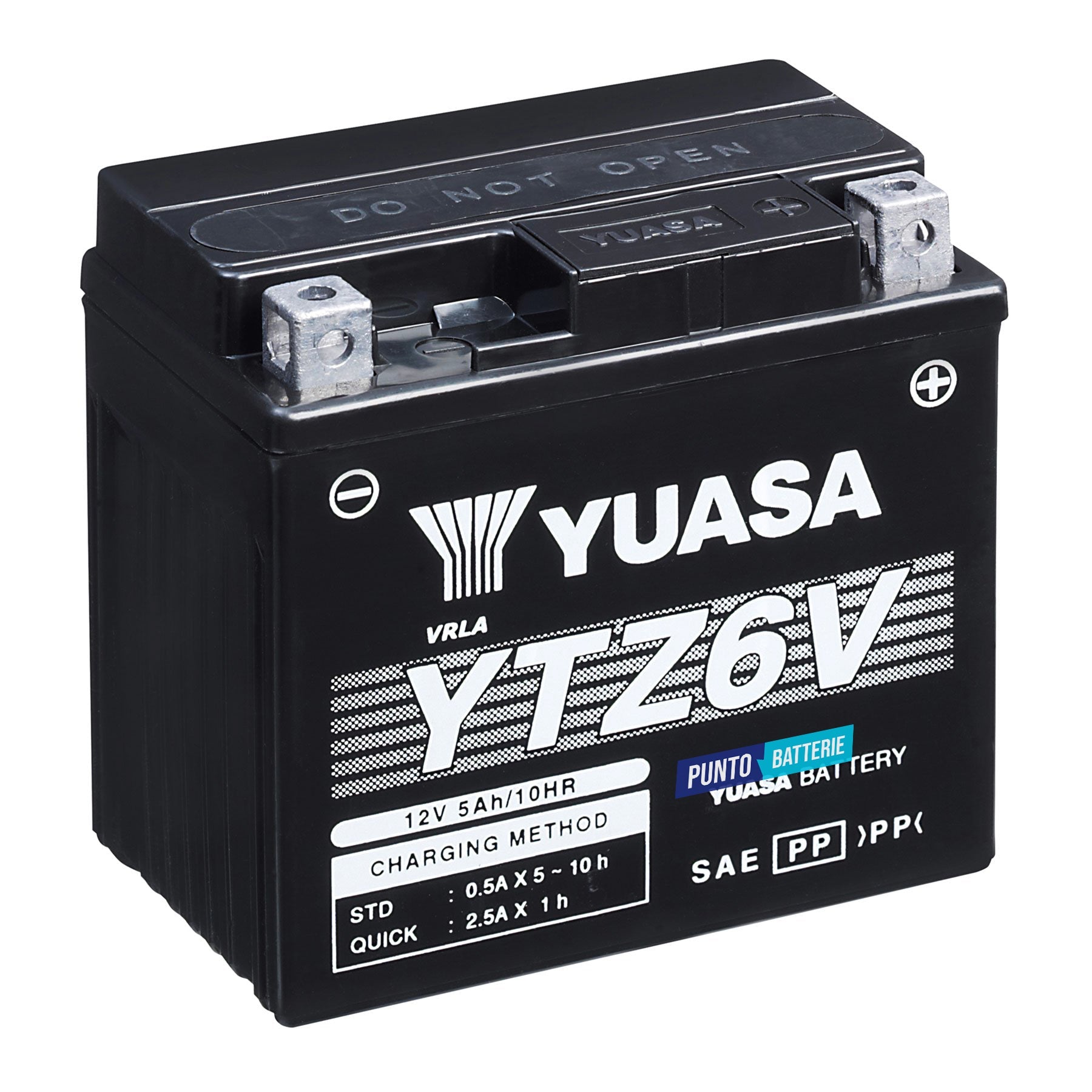 Batteria originale Yuasa YTZ YTZ6V, dimensioni 113 x 70 x 105, polo positivo a destra, 12 volt, 5 amperora, 90 ampere. Batteria per moto, scooter e powersport.