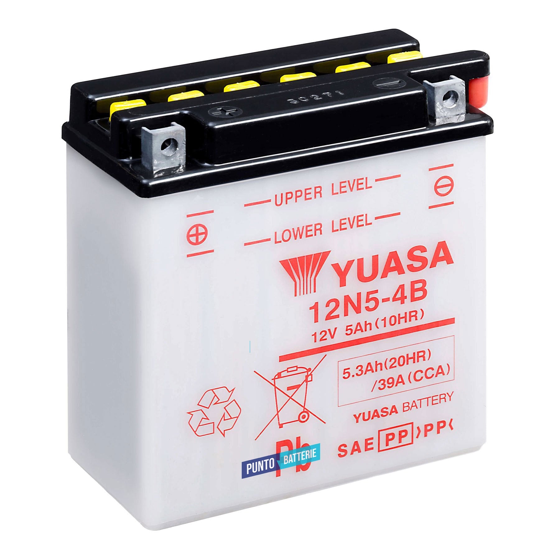 Batteria originale Yuasa Conventional 12N5-4B, dimensioni 120 x 60 x 130, polo positivo a sinistra, 12 volt, 5 amperora, 39 ampere. Batteria per moto, scooter e powersport.