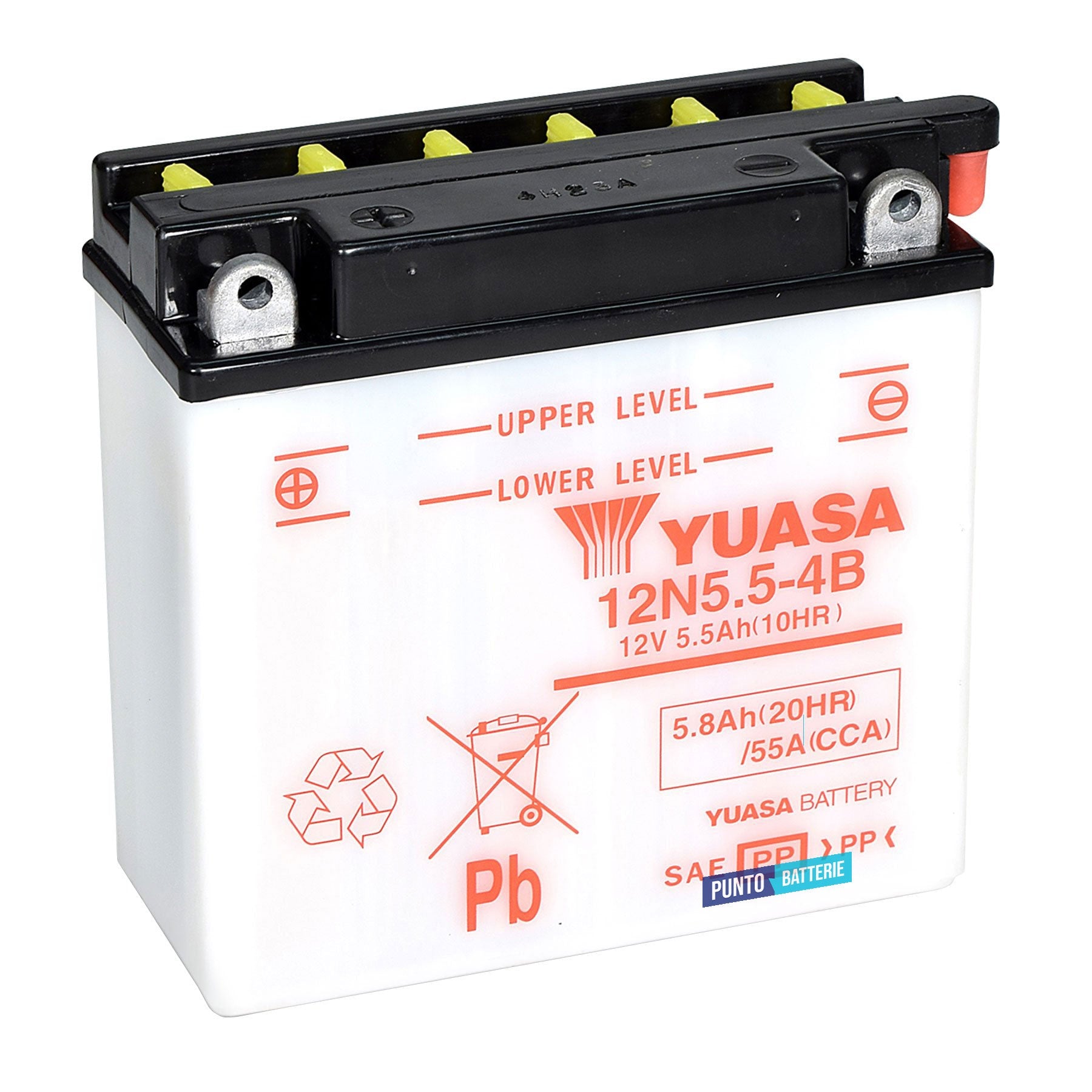 Batteria originale Yuasa Conventional 12N5-5-4B, dimensioni 137 x 61 x 131, polo positivo a sinistra, 12 volt, 5 amperora, 55 ampere. Batteria per moto, scooter e powersport.