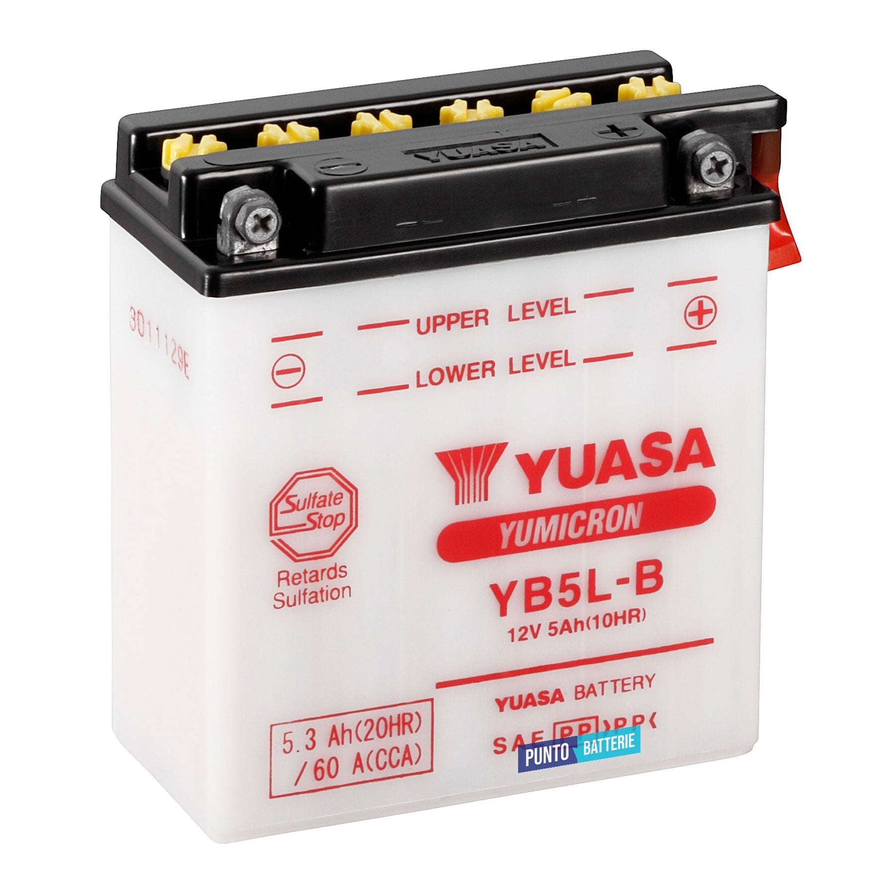 Batteria originale Yuasa YuMicron YB5L-B, dimensioni 121 x 61 x 131, polo positivo a destra, 12 volt, 5 amperora, 60 ampere. Batteria per moto, scooter e powersport.