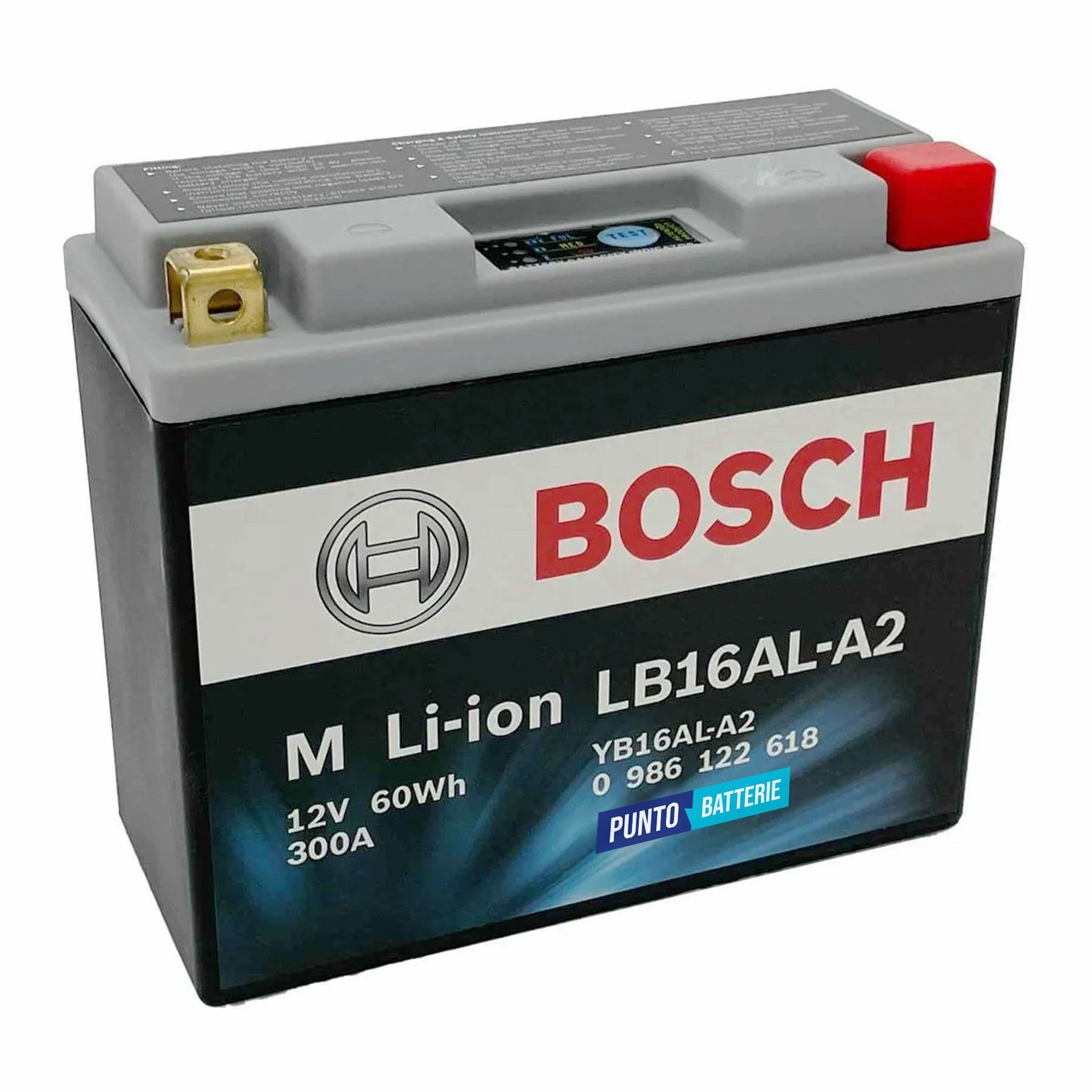 Batteria originale Bosch M Li-ion LB16AL-A2, dimensioni 150 x 65 x 164, polo positivo a destra, 12 volt, 5 amperora, 300 ampere. Batteria per moto, scooter e powersport.
