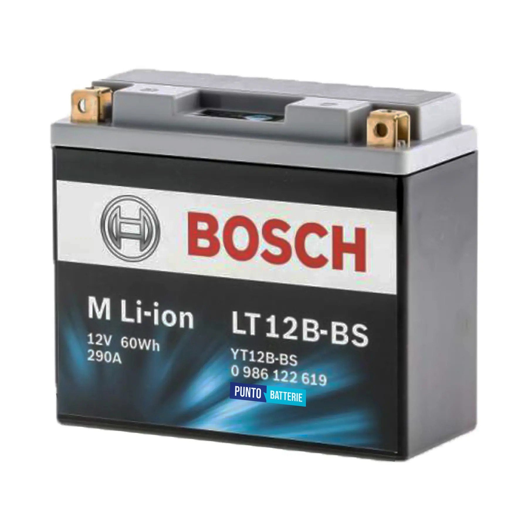Batteria originale Bosch M Li-ion LT12B-BS, dimensioni 150 x 65 x 130, polo positivo a sinistra, 12 volt, 5 amperora, 300 ampere. Batteria per moto, scooter e powersport.