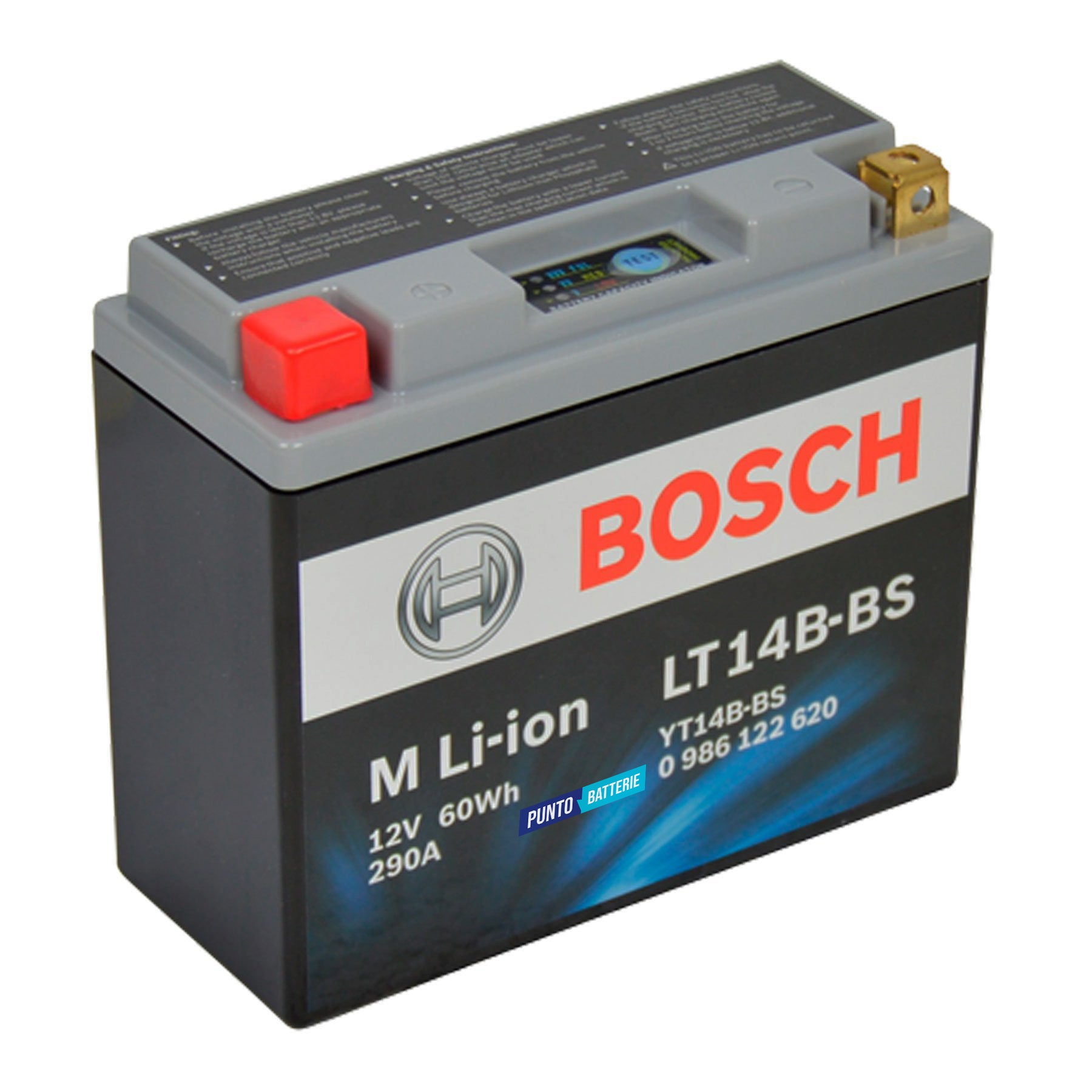 Batteria originale Bosch M Li-ion LT14B-BS, dimensioni 150 x 65 x 130, polo positivo a sinistra, 12 volt, 5 amperora, 300 ampere. Batteria per moto, scooter e powersport.