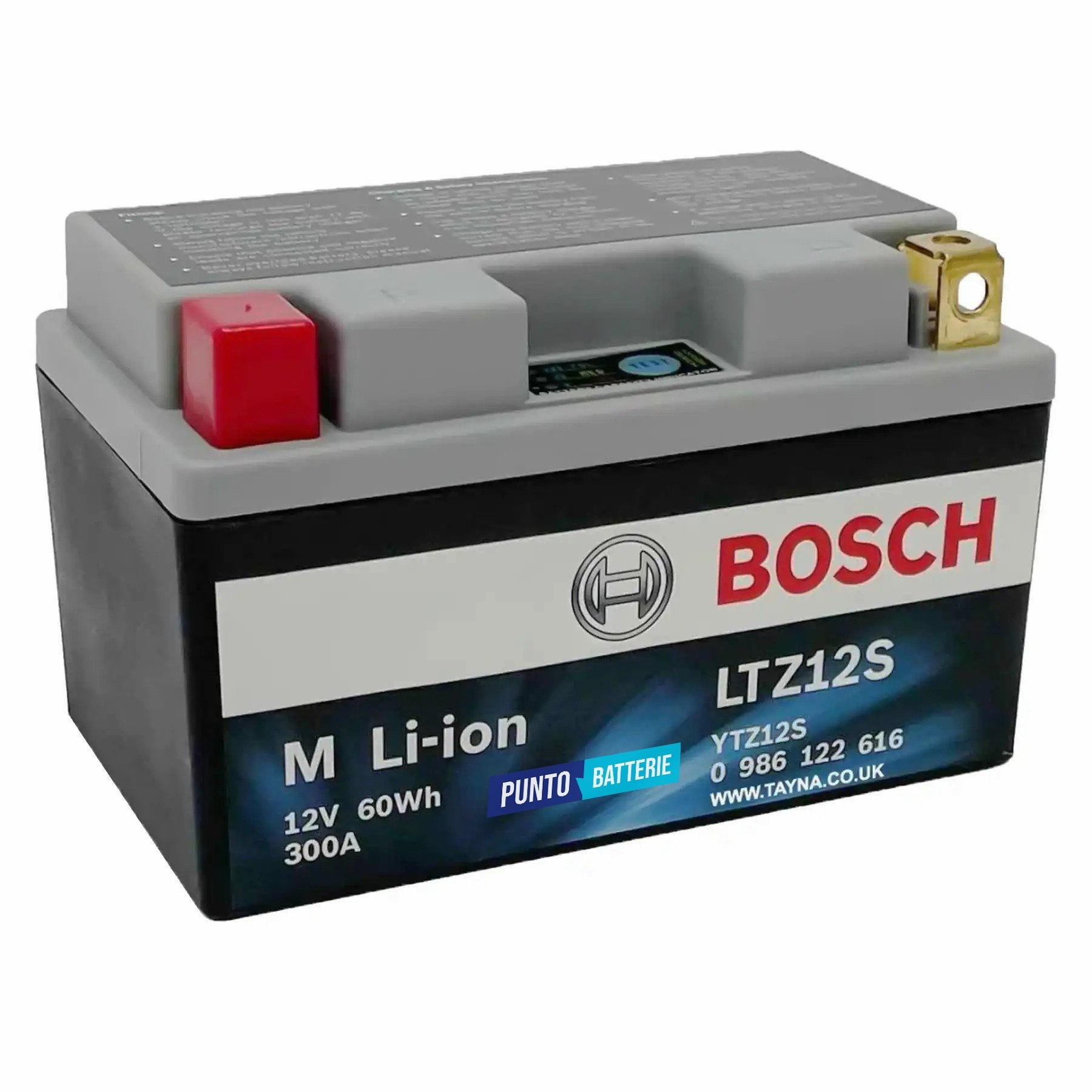 Batteria originale Bosch M Li-ion LTZ12S, dimensioni 150 x 87 x 164, polo positivo a sinistra, 12 volt, 5 amperora, 300 ampere. Batteria per moto, scooter e powersport.
