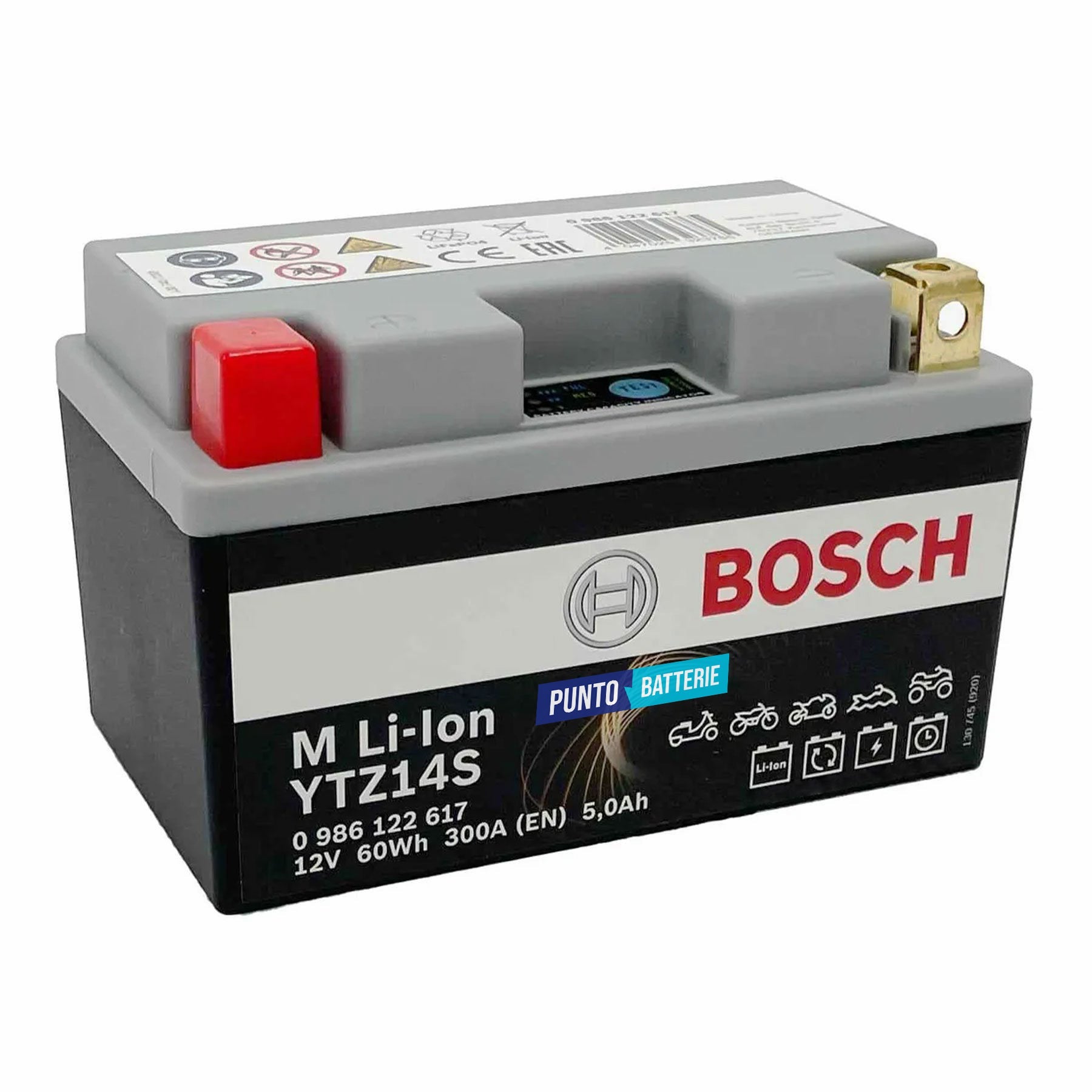Batteria originale Bosch M Li-ion LTZ14S, dimensioni 150 x 87 x 164, polo positivo a sinistra, 12 volt, 5 amperora, 300 ampere. Batteria per moto, scooter e powersport.