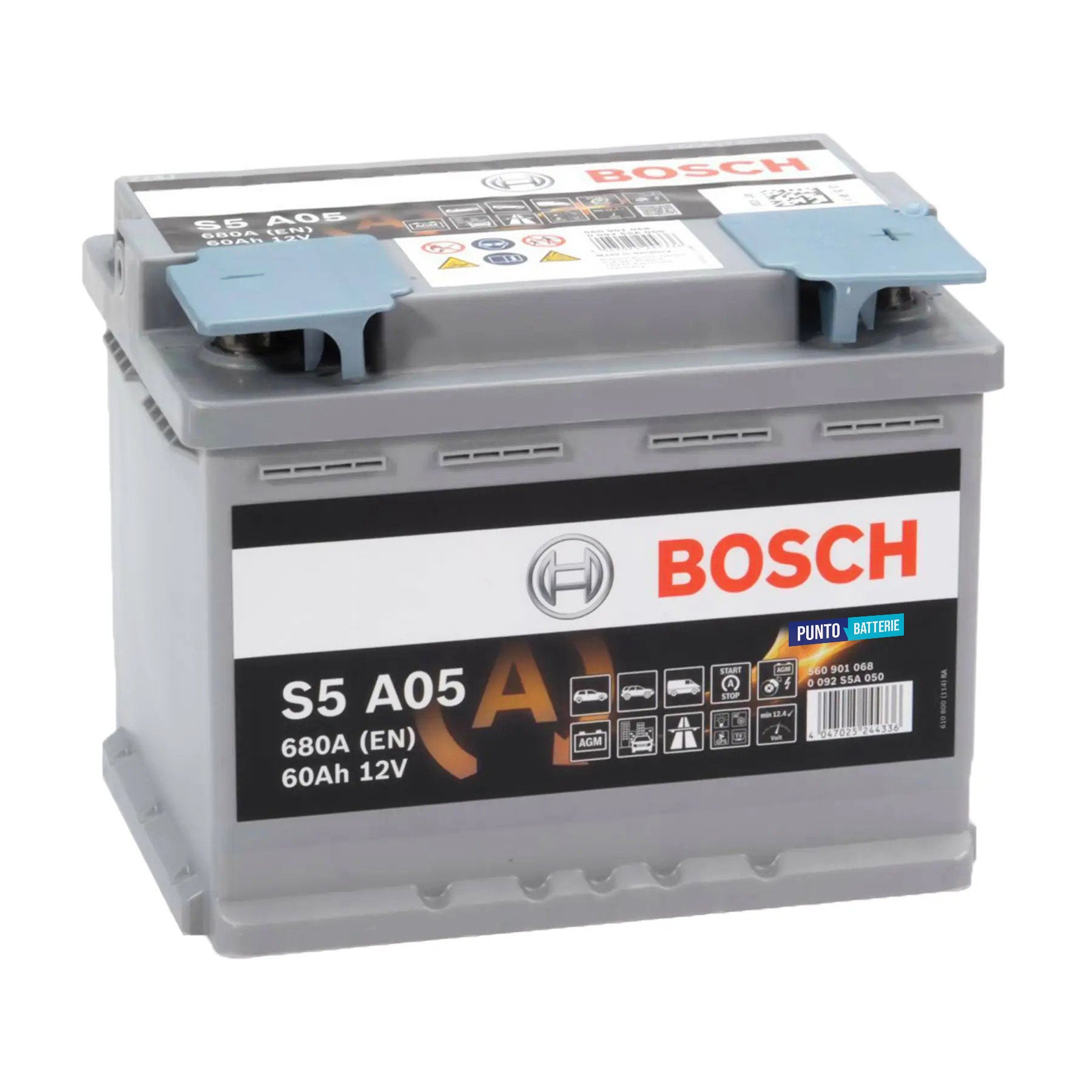 Batteria originale Bosch S5A S5 A05, dimensioni 242 x 175 x 190, polo positivo a destra, 12 volt, 60 amperora, 680 ampere, AGM. Batteria per auto e veicoli leggeri con start e stop.