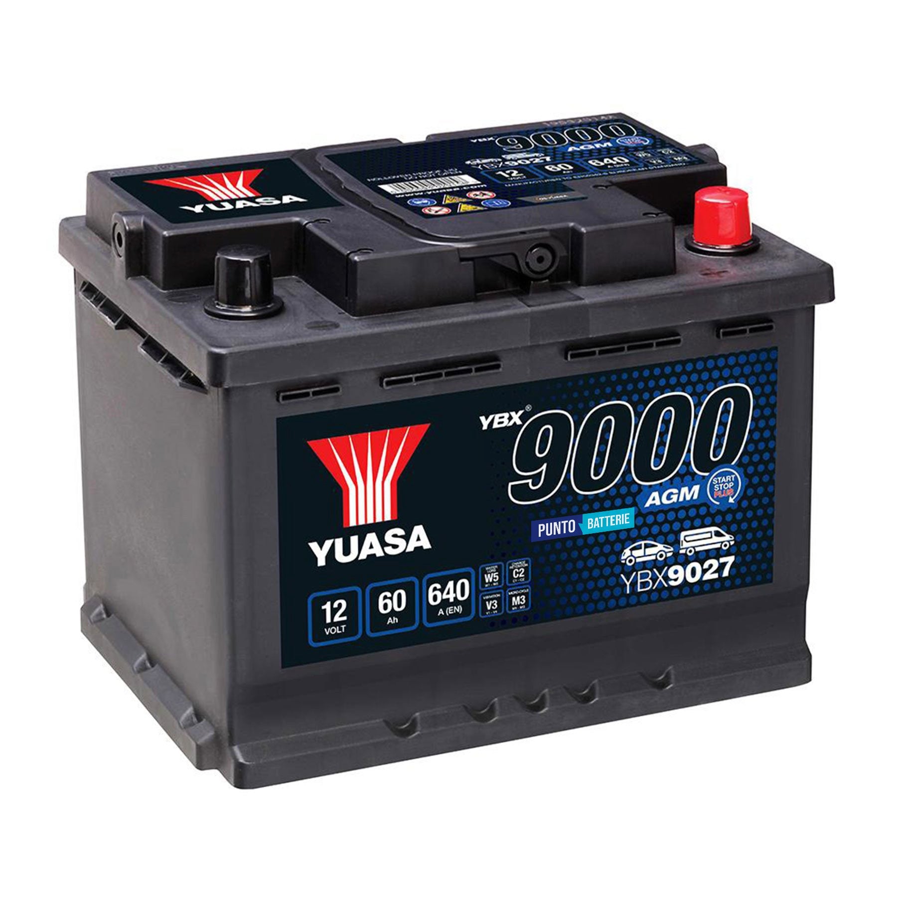 Batteria originale Yuasa YBX9000 YBX9027, dimensioni 243 x 175 x 190, polo positivo a destra, 12 volt, 60 amperora, 640 ampere, AGM. Batteria per auto e veicoli leggeri con start e stop.