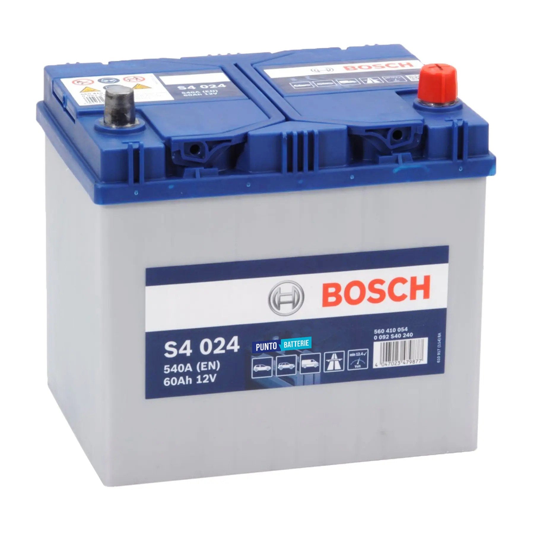 Batteria originale Bosch S4 S4 024, dimensioni 232 x 173 x 225, polo positivo a destra, 12 volt, 60 amperora, 540 ampere. Batteria per auto e veicoli leggeri.