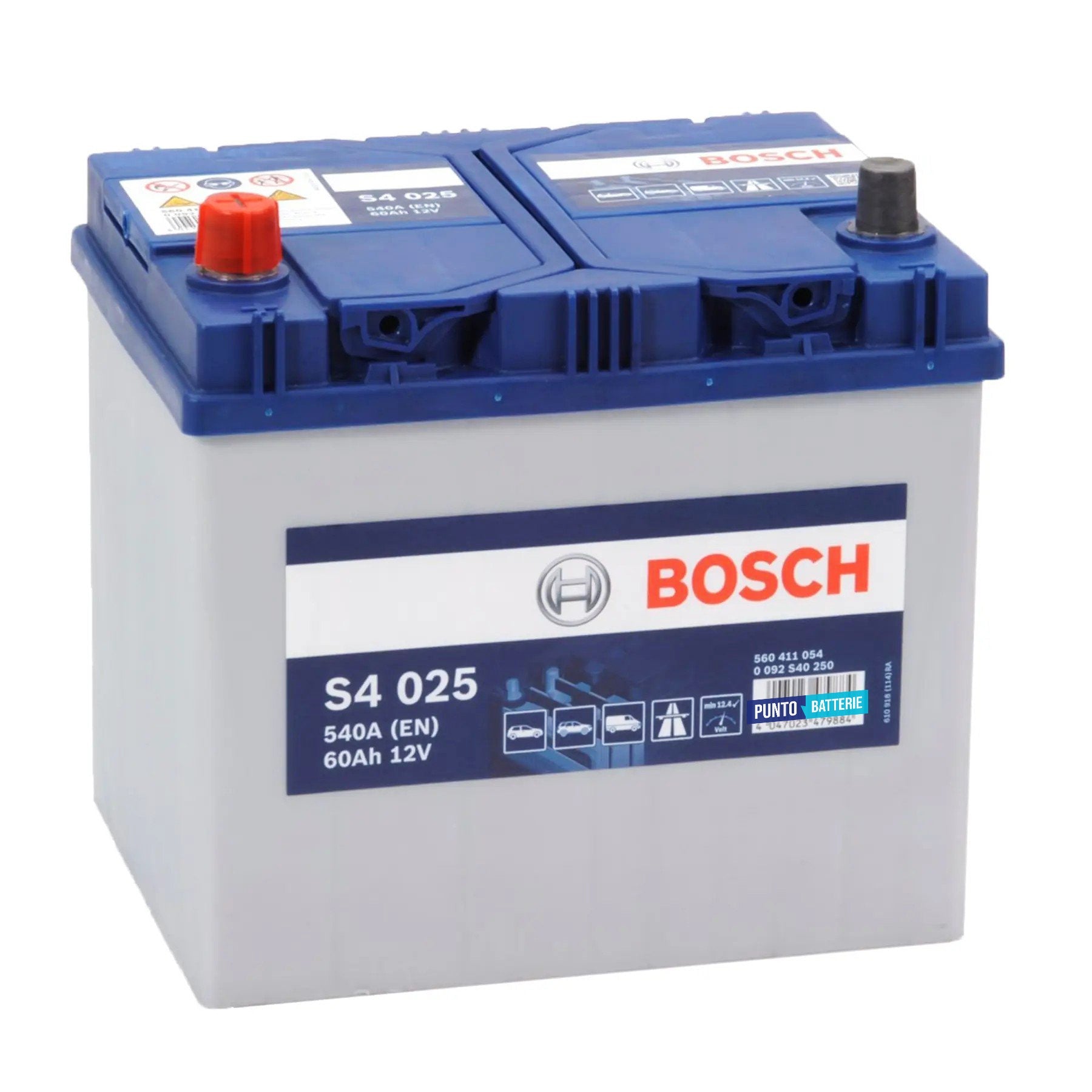 Batteria originale Bosch S4 S4 025, dimensioni 232 x 173 x 225, polo positivo a sinistra, 12 volt, 60 amperora, 540 ampere. Batteria per auto e veicoli leggeri.