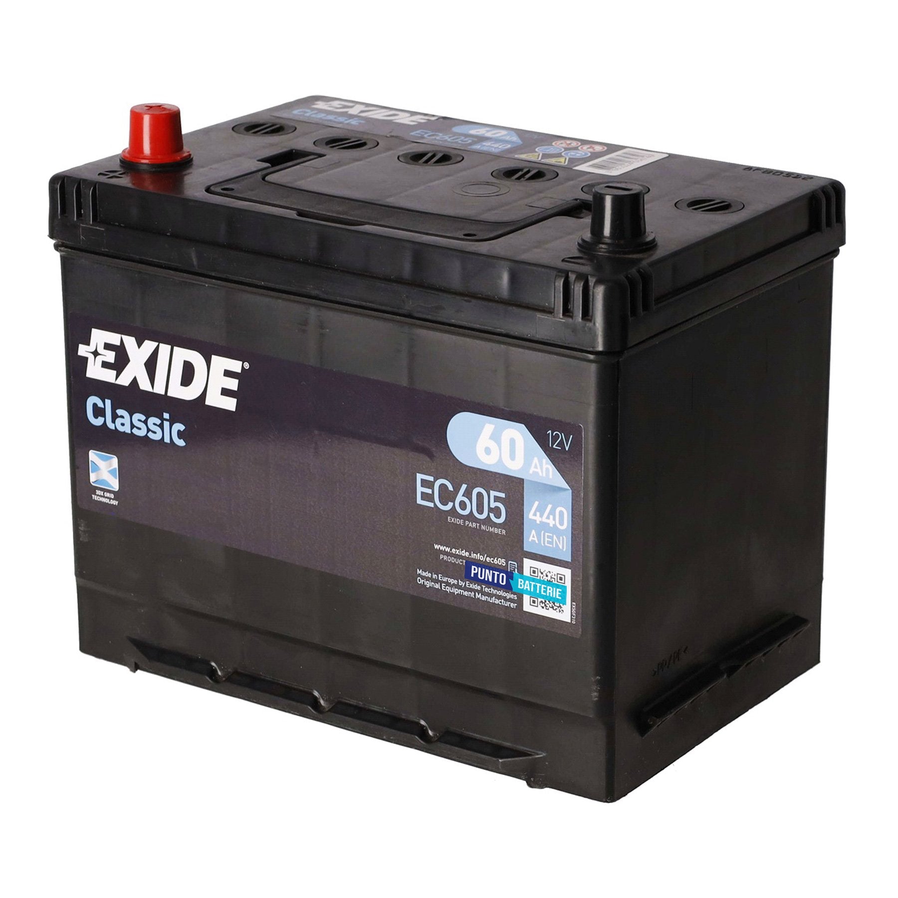 Batteria originale Exide Classic EC605, dimensioni 270 x 173 x 222, polo positivo a sinistra, 12 volt, 60 amperora, 440 ampere. Batteria per auto e veicoli leggeri.