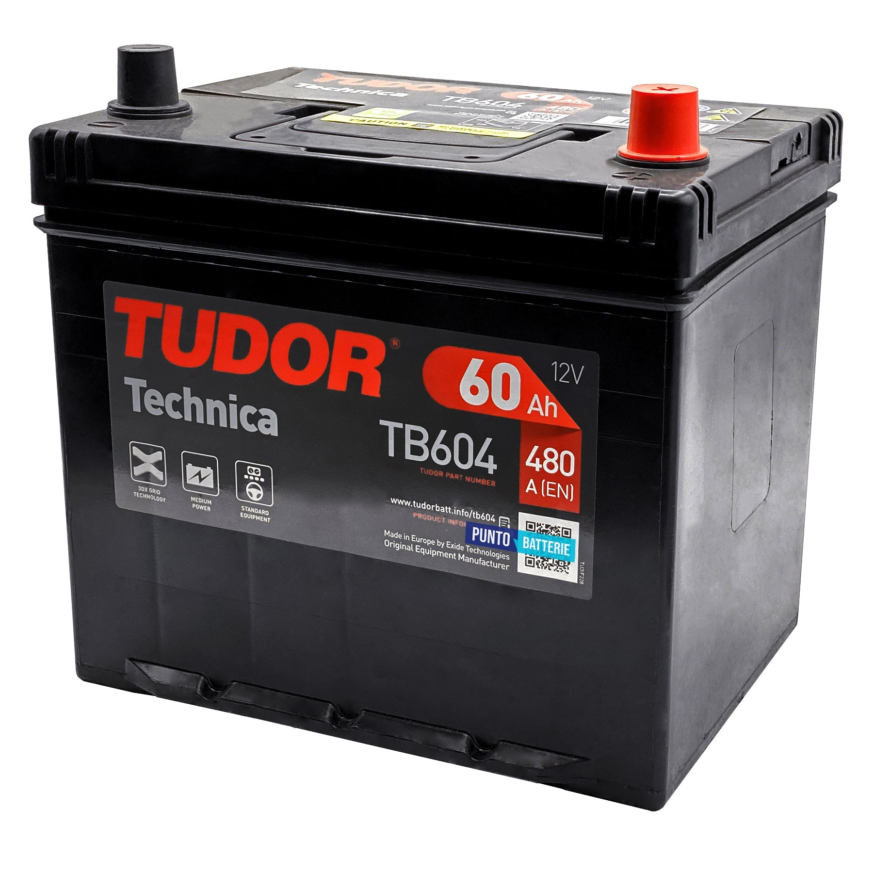 Batteria originale Tudor Technica TB604, dimensioni 230 x 173 x 222, polo positivo a destra, 12 volt, 60 amperora, 480 ampere. Batteria per auto e veicoli leggeri.