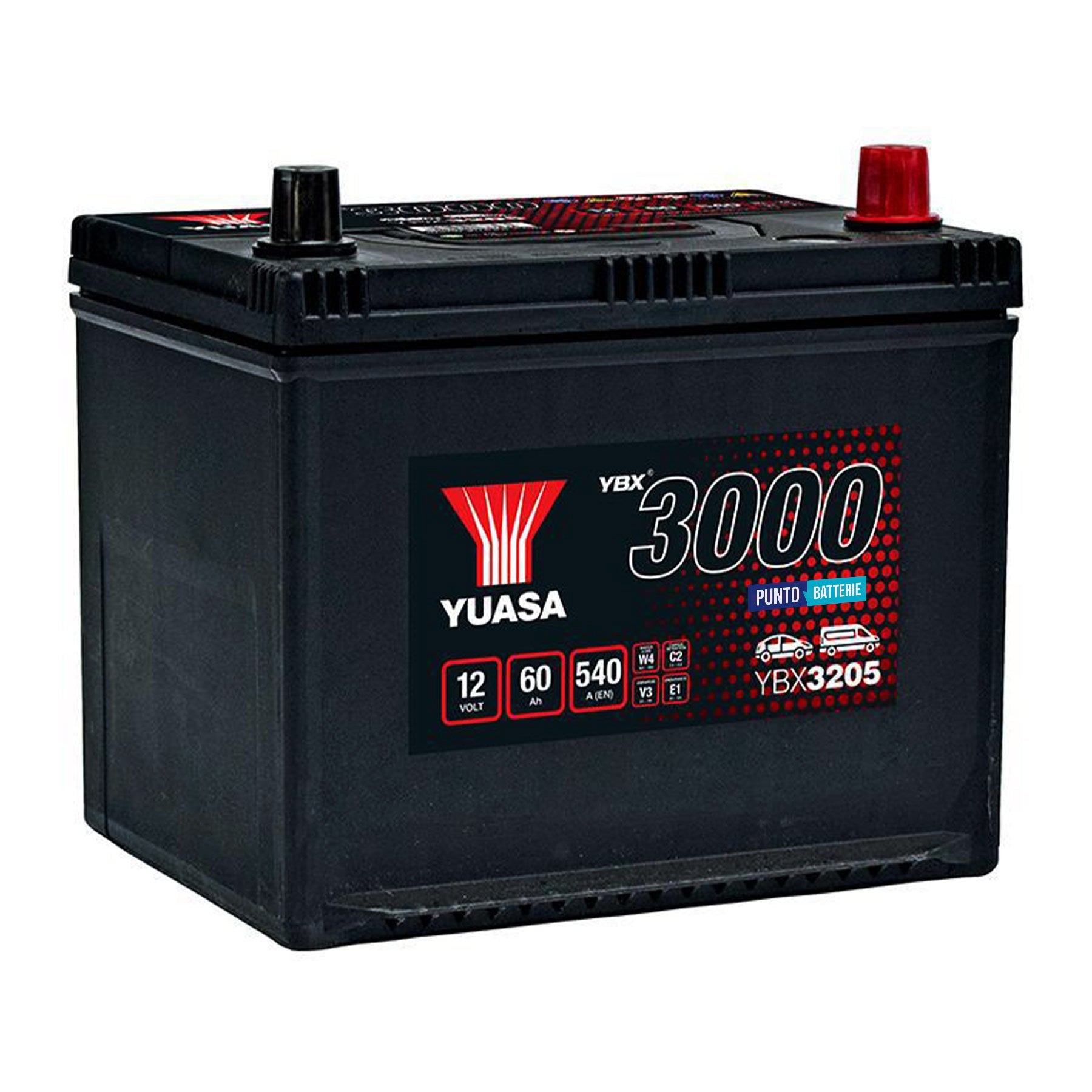 Batteria originale Yuasa YBX3000 YBX3205, dimensioni 230 x 174 x 205, polo positivo a destra, 12 volt, 60 amperora, 540 ampere. Batteria per auto e veicoli leggeri.