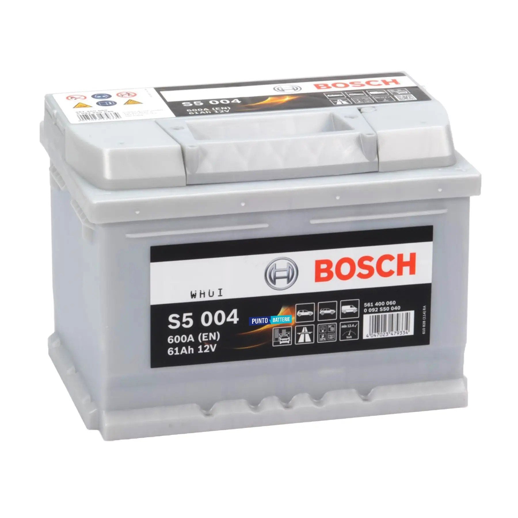 Batteria originale Bosch S5 S5 004, dimensioni 242 x 175 x 175, polo positivo a destra, 12 volt, 61 amperora, 600 ampere. Batteria per auto e veicoli leggeri.