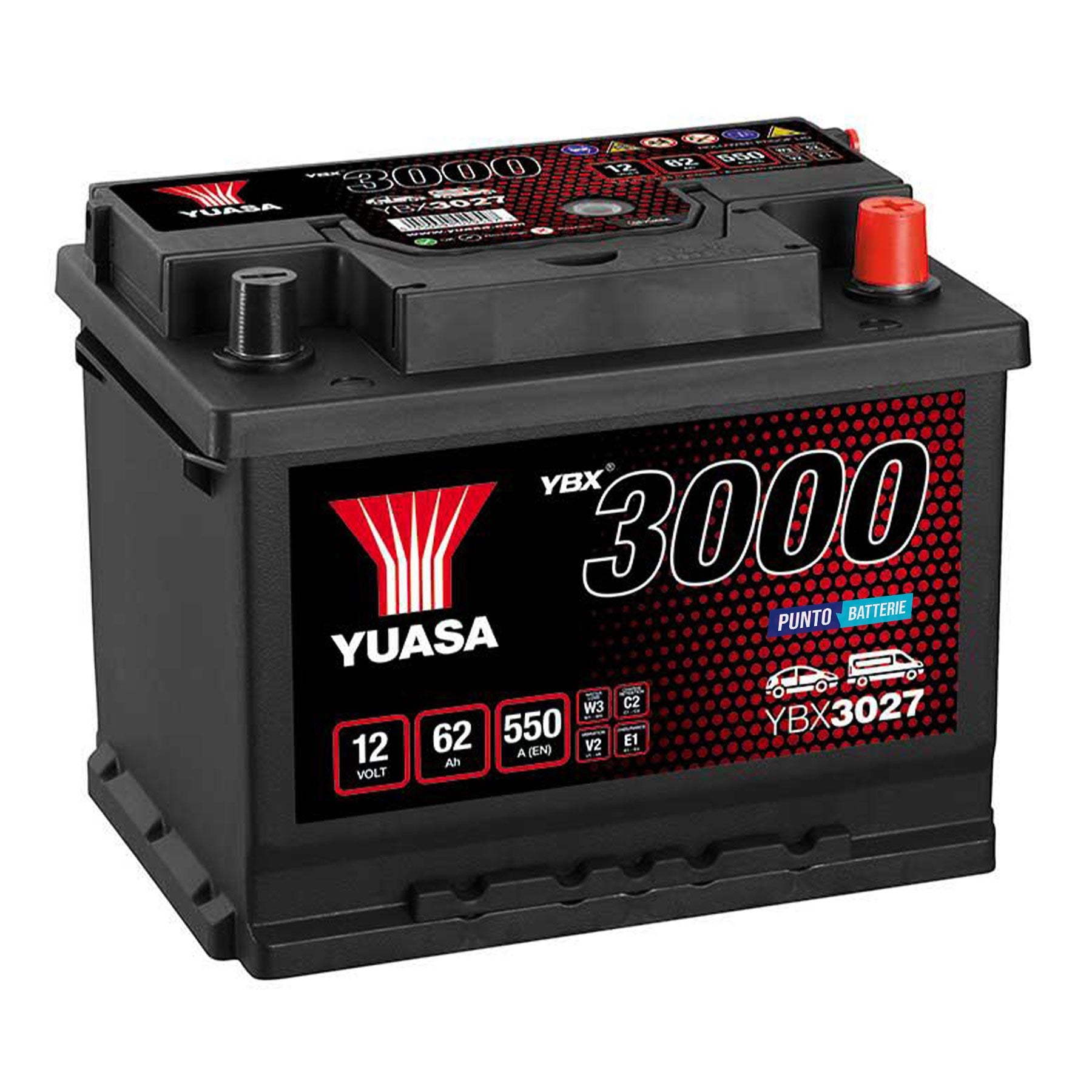 Batteria originale Yuasa YBX3000 YBX3027, dimensioni 242 x 175 x 190, polo positivo a destra, 12 volt, 62 amperora, 550 ampere. Batteria per auto e veicoli leggeri.