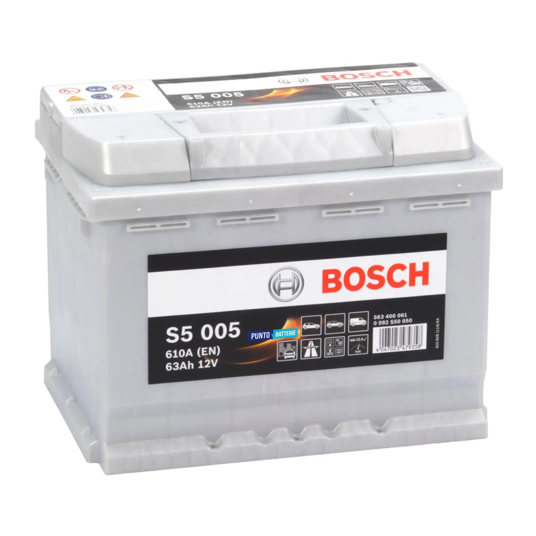 Batteria originale Bosch S5 S5 005, dimensioni 242 x 175 x 190, polo positivo a destra, 12 volt, 63 amperora, 610 ampere. Batteria per auto e veicoli leggeri.