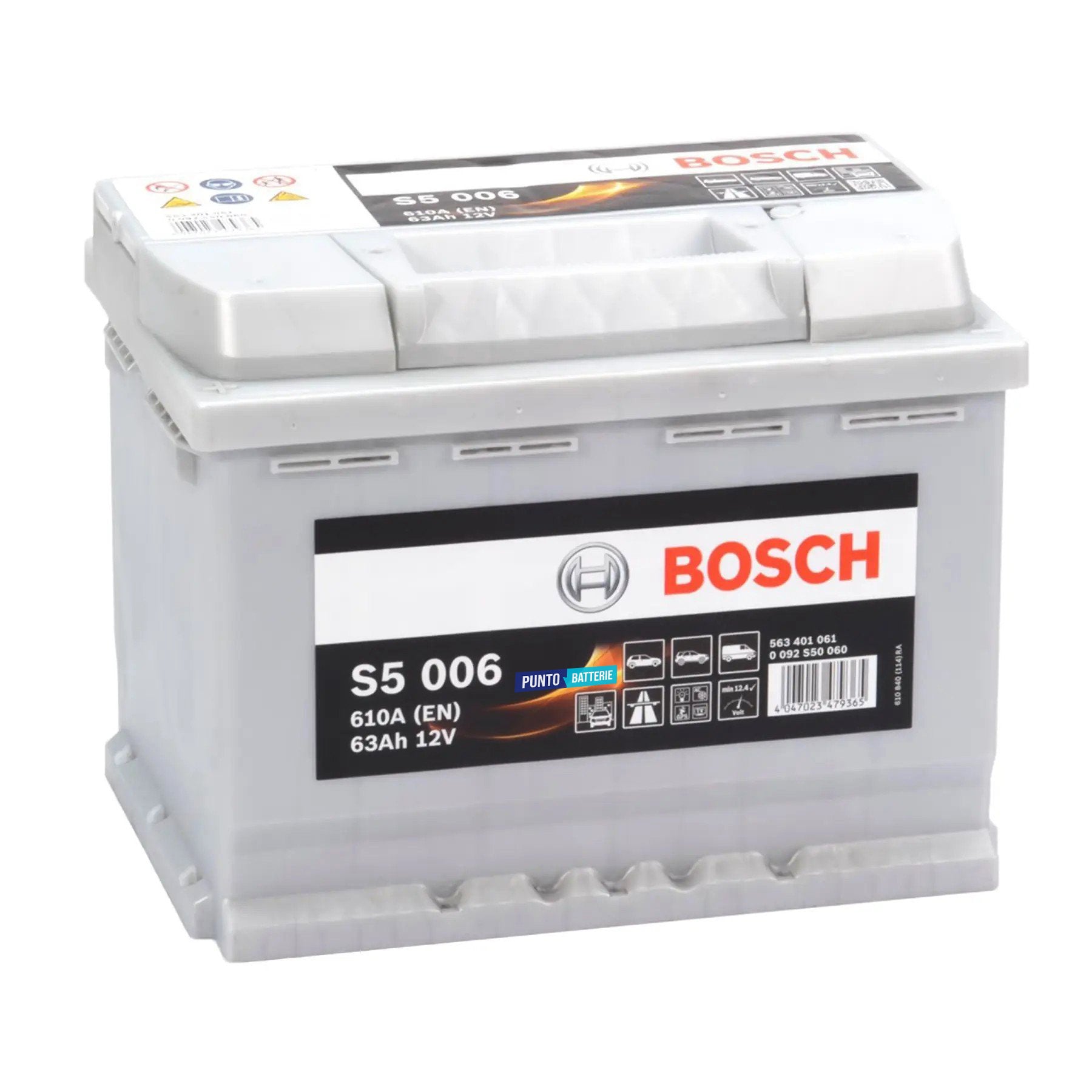 Batteria originale Bosch S5 S5 006, dimensioni 242 x 175 x 190, polo positivo a sinistra, 12 volt, 63 amperora, 610 ampere. Batteria per auto e veicoli leggeri.