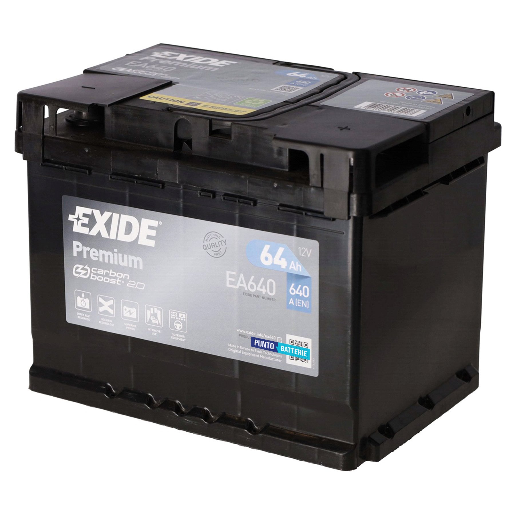 Batteria originale Exide Premium EA640, dimensioni 242 x 175 x 190, polo positivo a destra, 12 volt, 64 amperora, 640 ampere. Batteria per auto e veicoli leggeri.